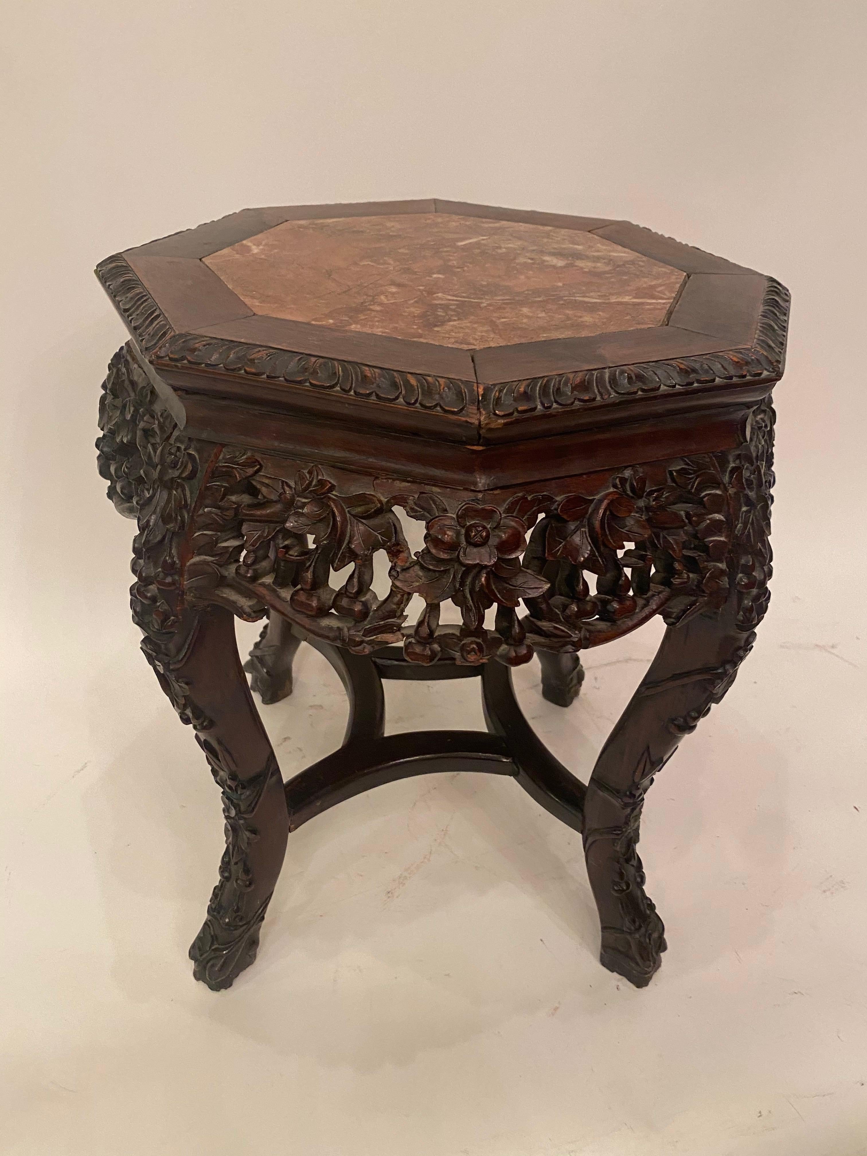 Antique Chinese Carved Wooden Stand with 8 Sides Marble Top For Sale 6