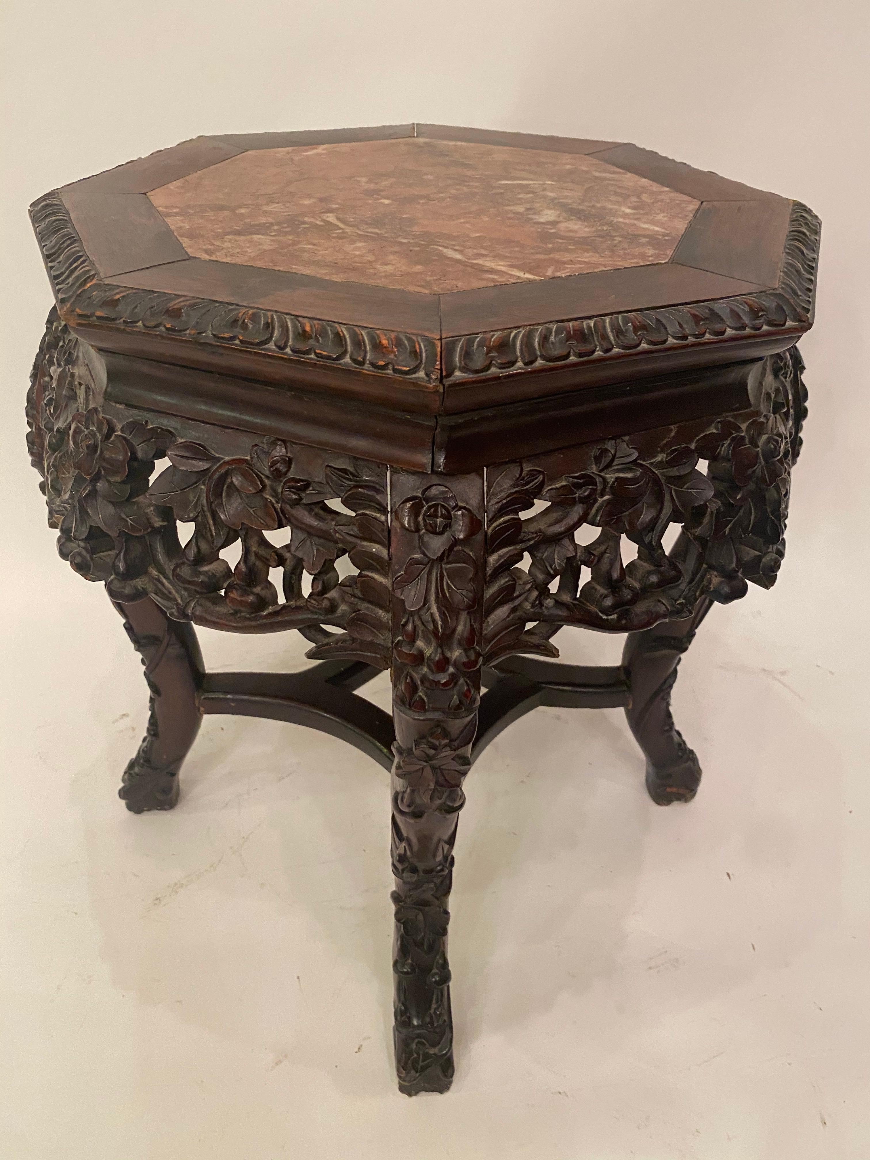 Chinese Export Antique Chinese Carved Wooden Stand with 8 Sides Marble Top For Sale