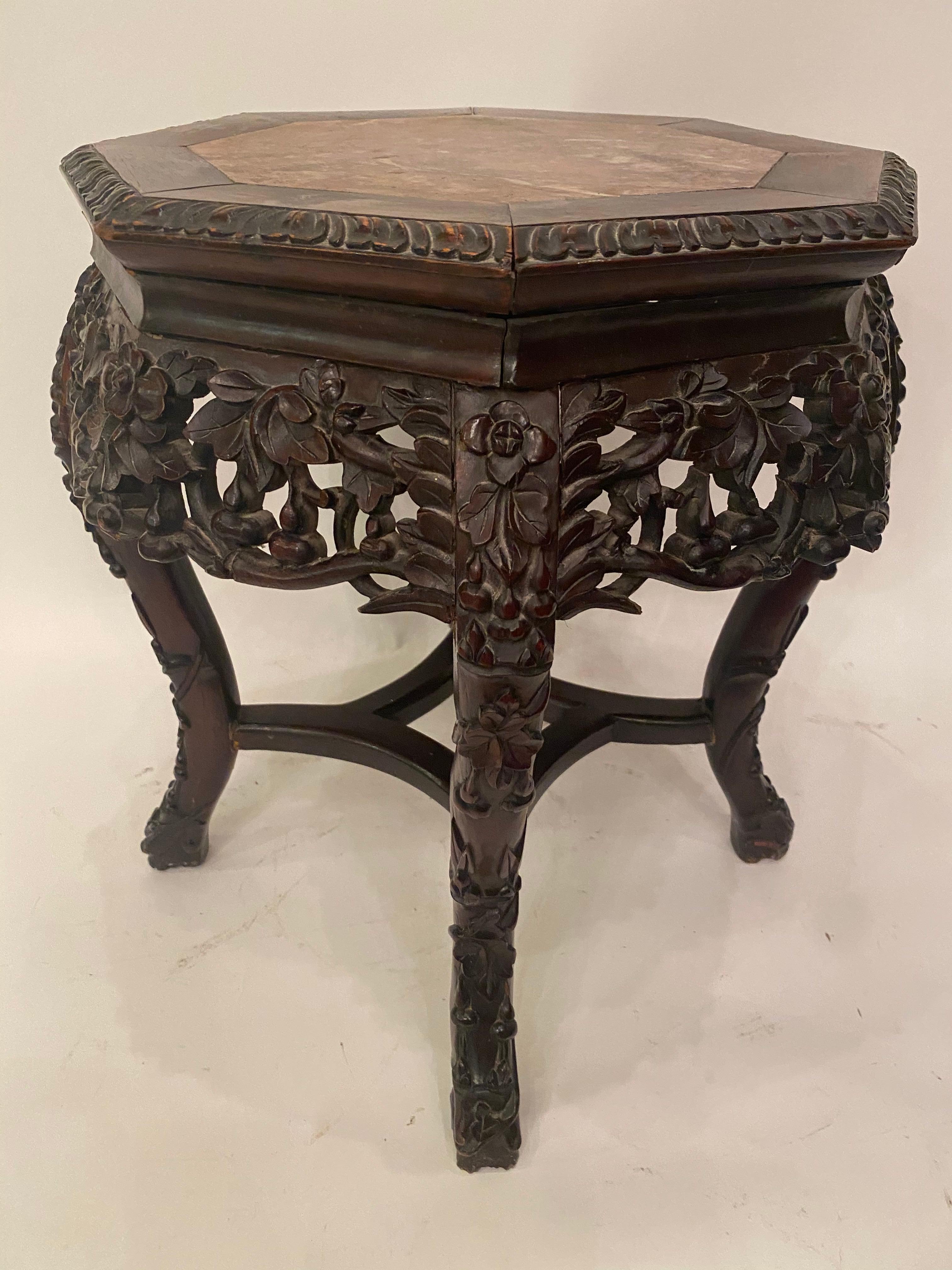 Hand-Carved Antique Chinese Carved Wooden Stand with 8 Sides Marble Top For Sale