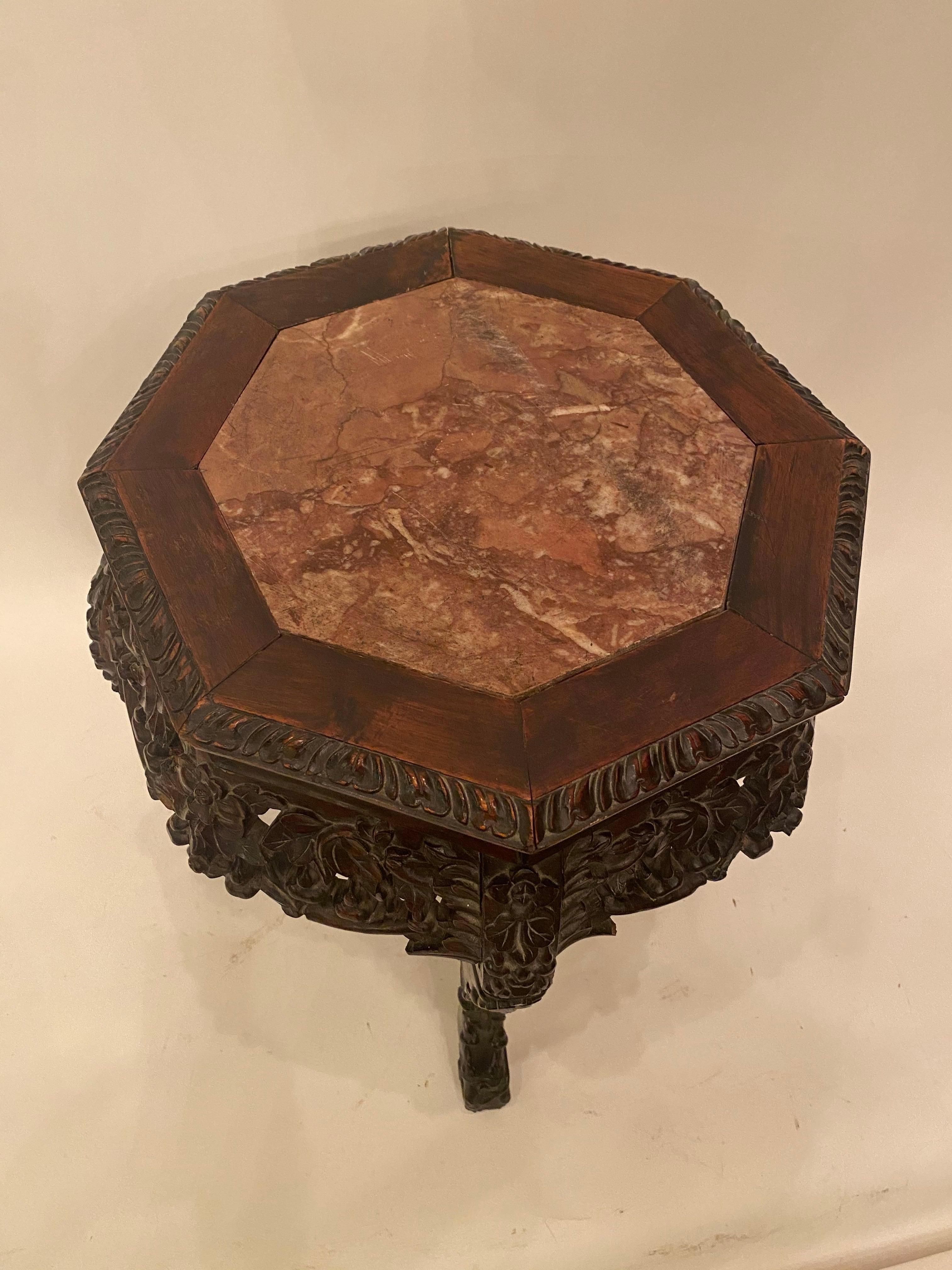 Antique Chinese Carved Wooden Stand with 8 Sides Marble Top In Good Condition For Sale In Brea, CA