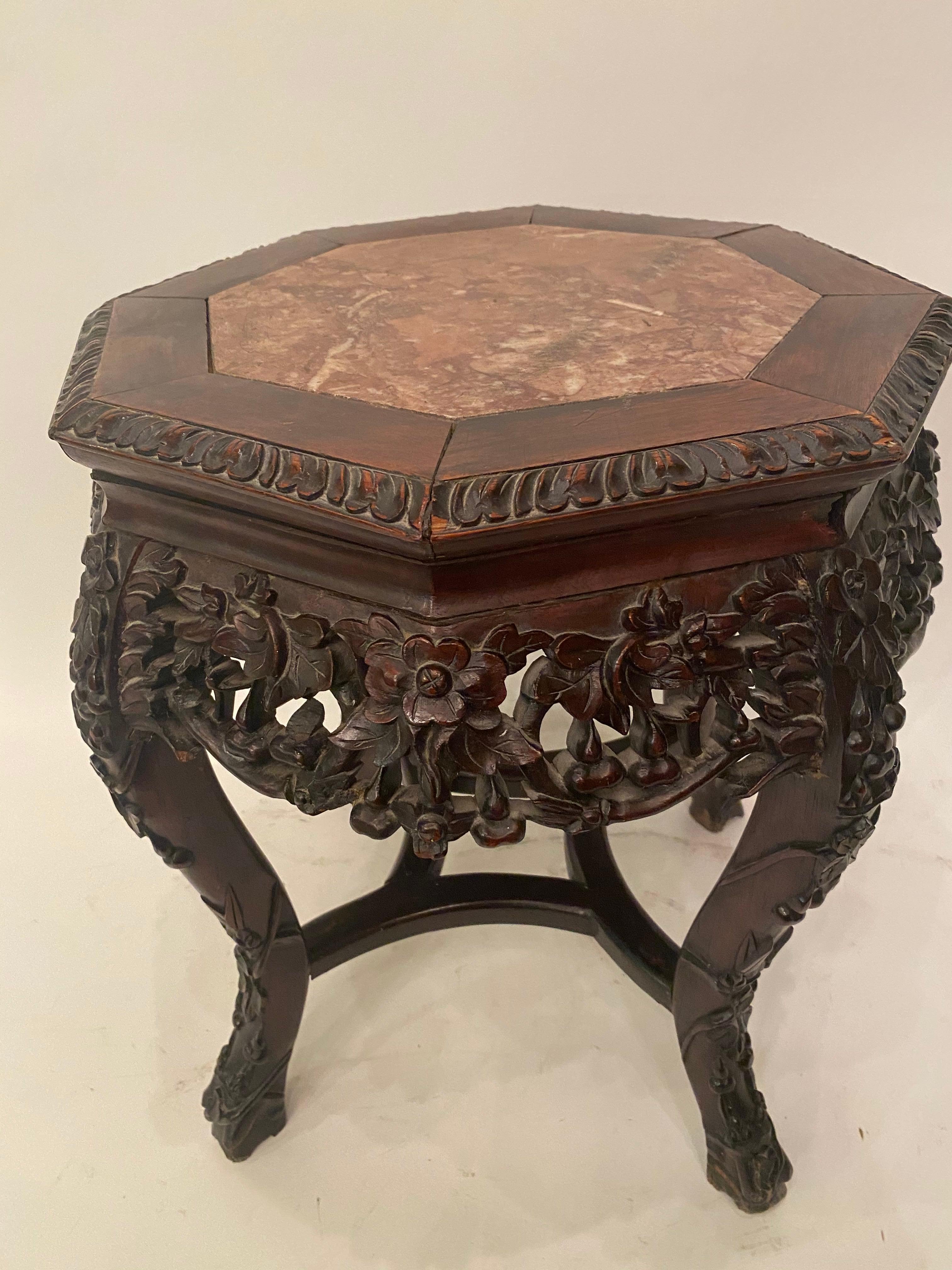 19th Century Antique Chinese Carved Wooden Stand with 8 Sides Marble Top For Sale