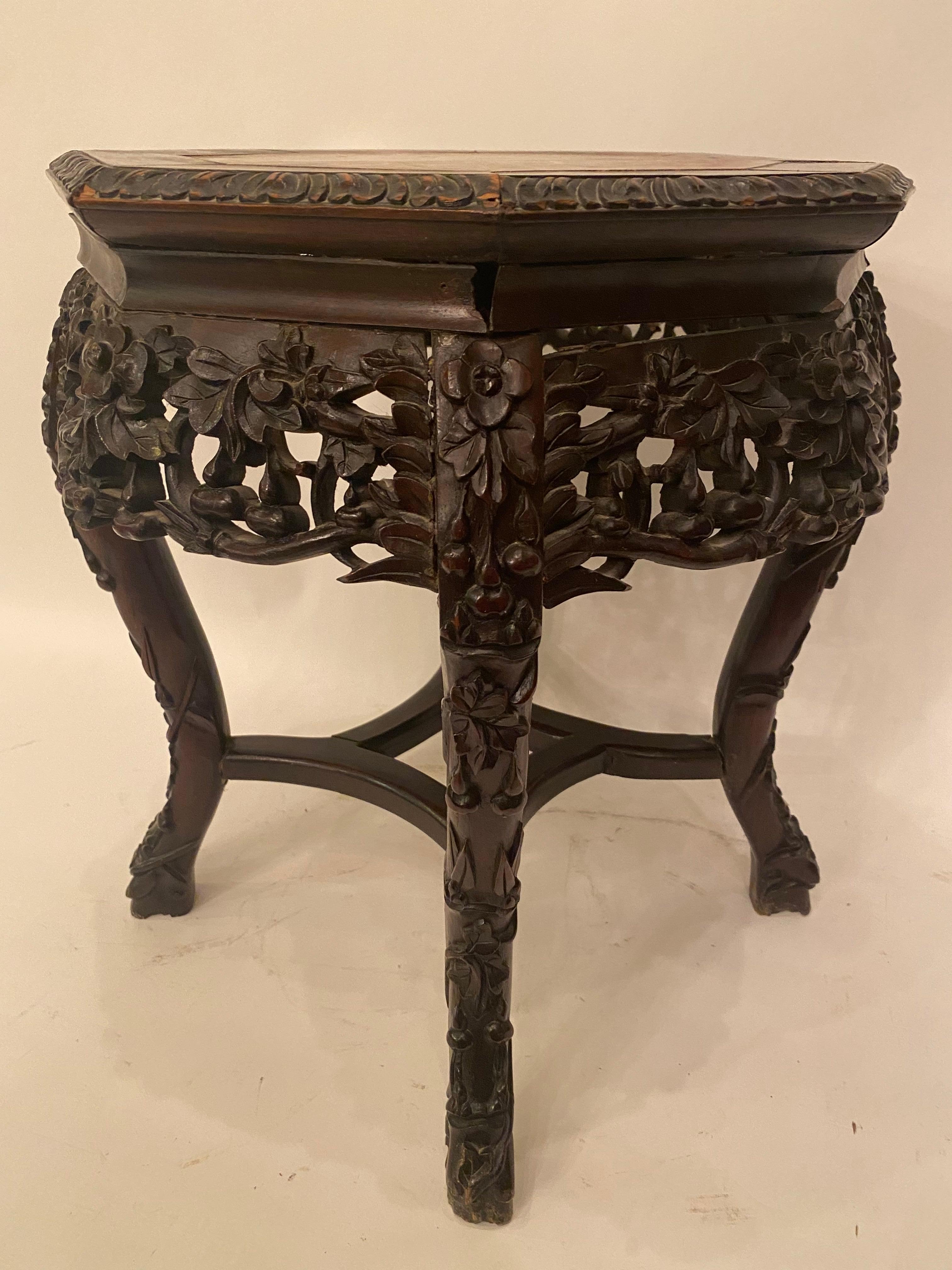 Hardwood Antique Chinese Carved Wooden Stand with 8 Sides Marble Top For Sale