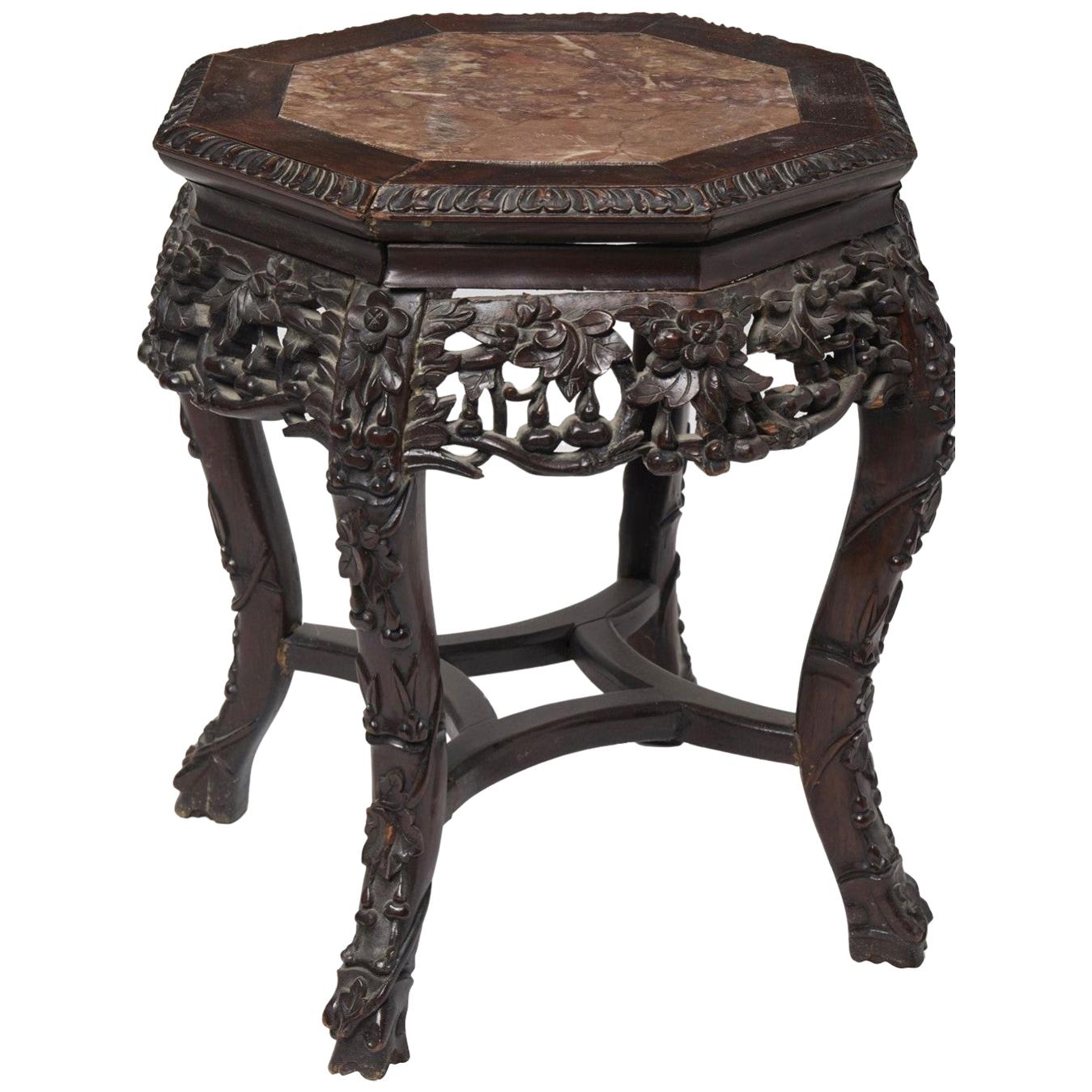 Antique Chinese Carved Wooden Stand with 8 Sides Marble Top For Sale