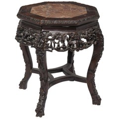 Antique Chinese Carved Wooden Stand with 8 Sides Marble Top
