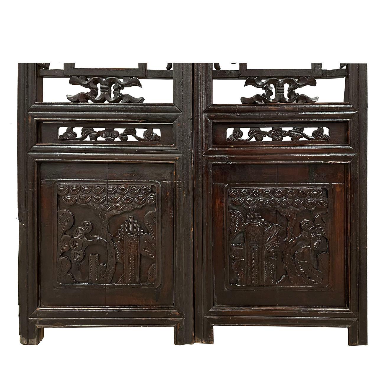 Antike chinesische geschnitzte Holzfenstertafeln-Wandkunst, Wandkunst, ein Paar (Chinesischer Export) im Angebot