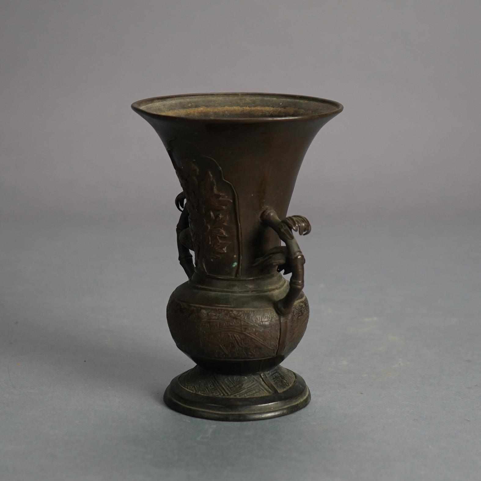 Antique Chinese Cast Bronze Floral Decorated Vase with Branch Form Handles 18thC In Good Condition For Sale In Big Flats, NY