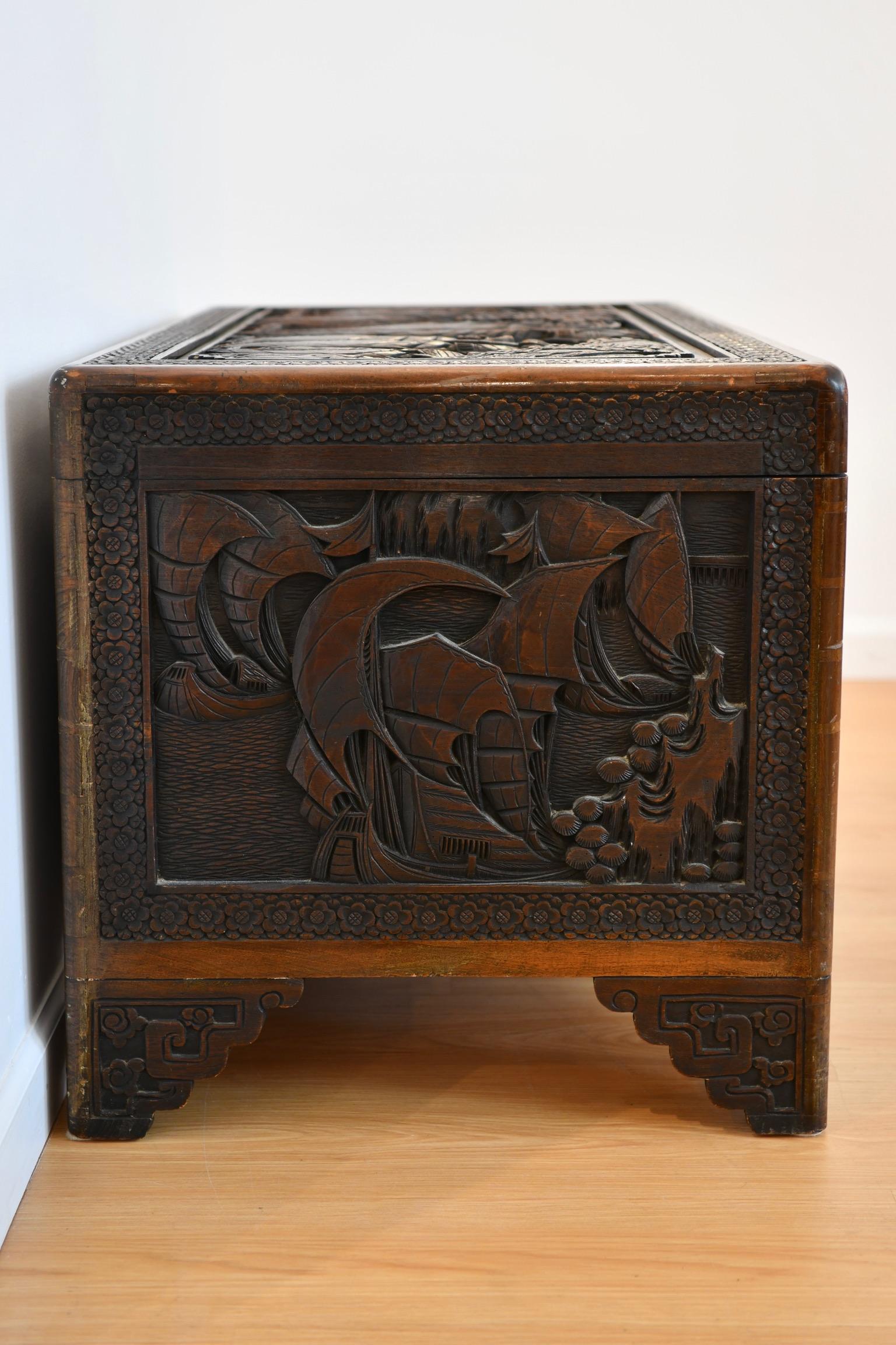 Chinoiserie Antique Chinese Cedar Carved Chest