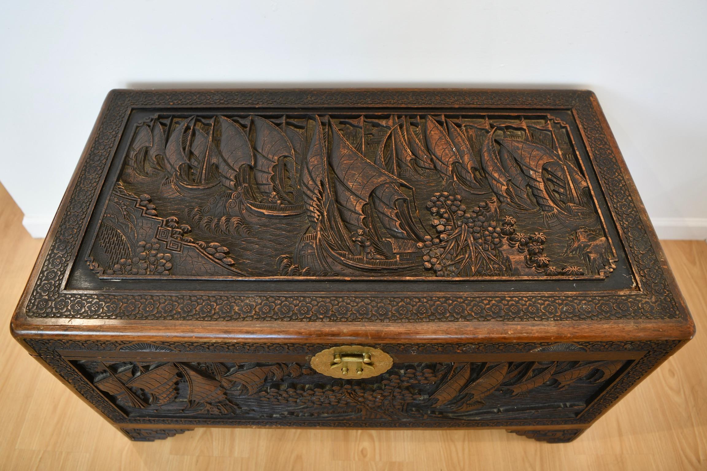 Hand-Carved Antique Chinese Cedar Carved Chest
