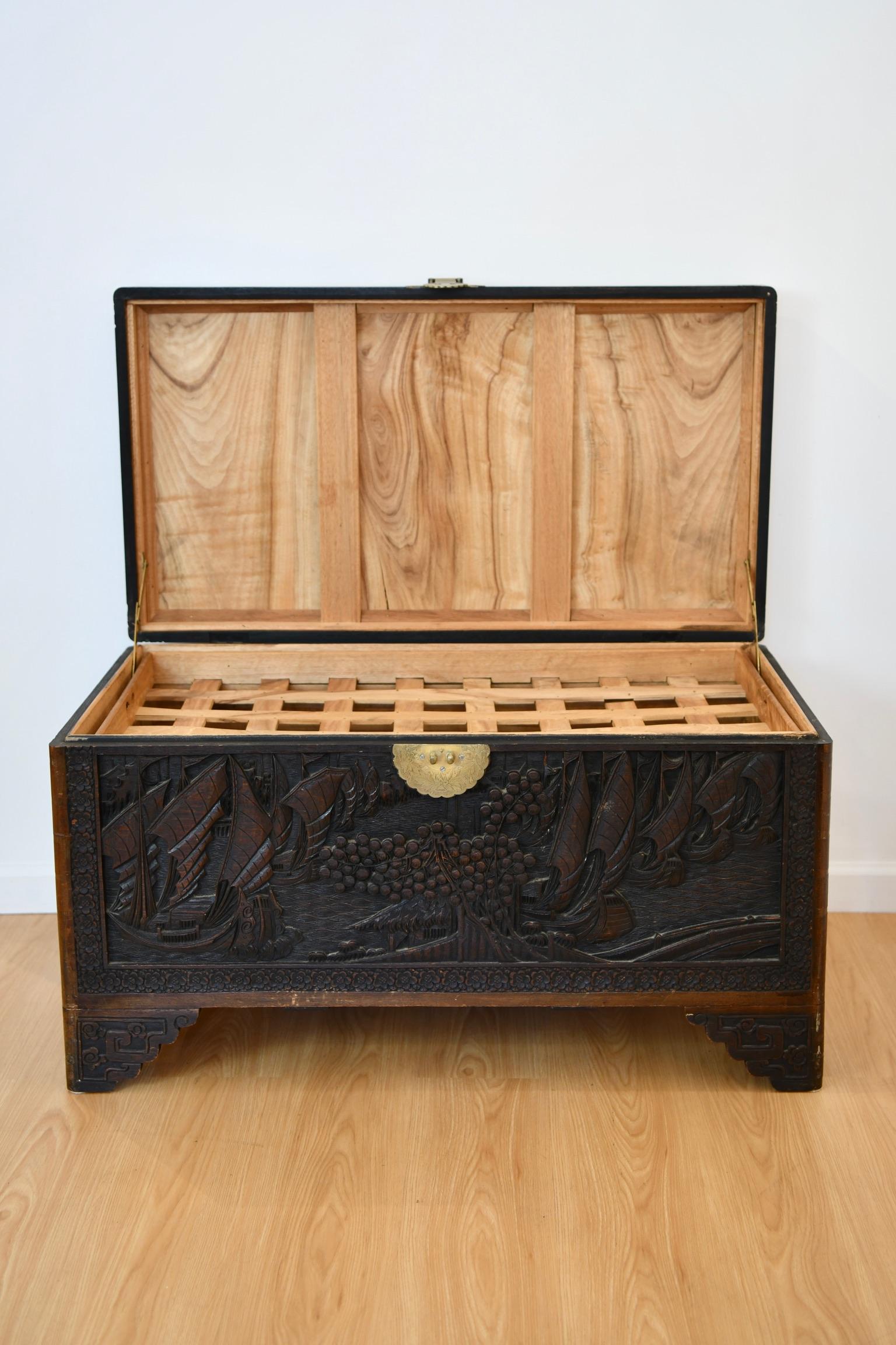 Antique Chinese Cedar Carved Chest In Good Condition In Brooklyn, NY