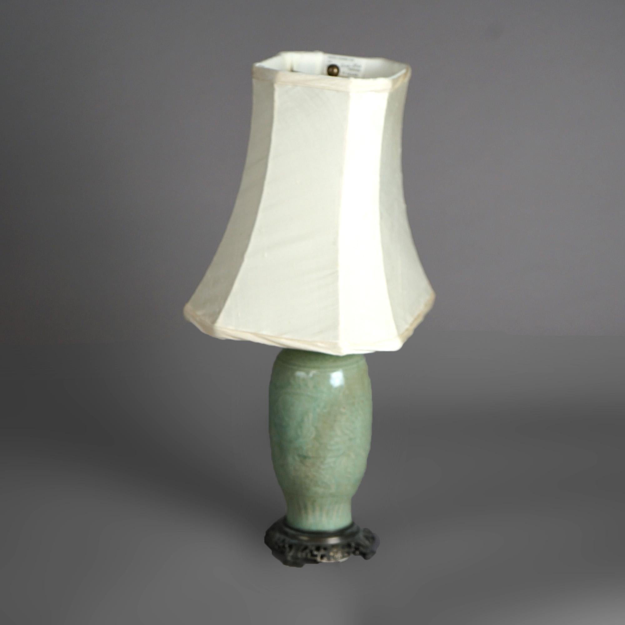 American Antique Chinese Celadon Glazed Art Pottery Table Lamp C1930