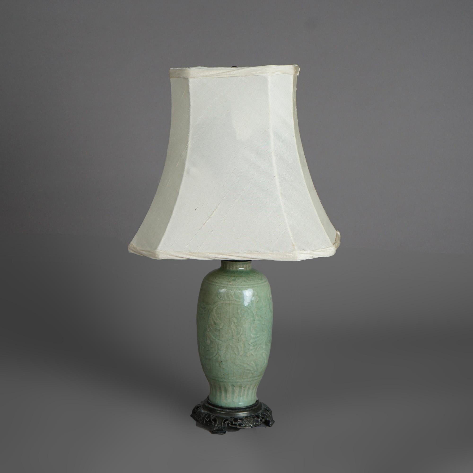Antique Chinese Celadon Glazed Art Pottery Table Lamp C1930 In Good Condition In Big Flats, NY