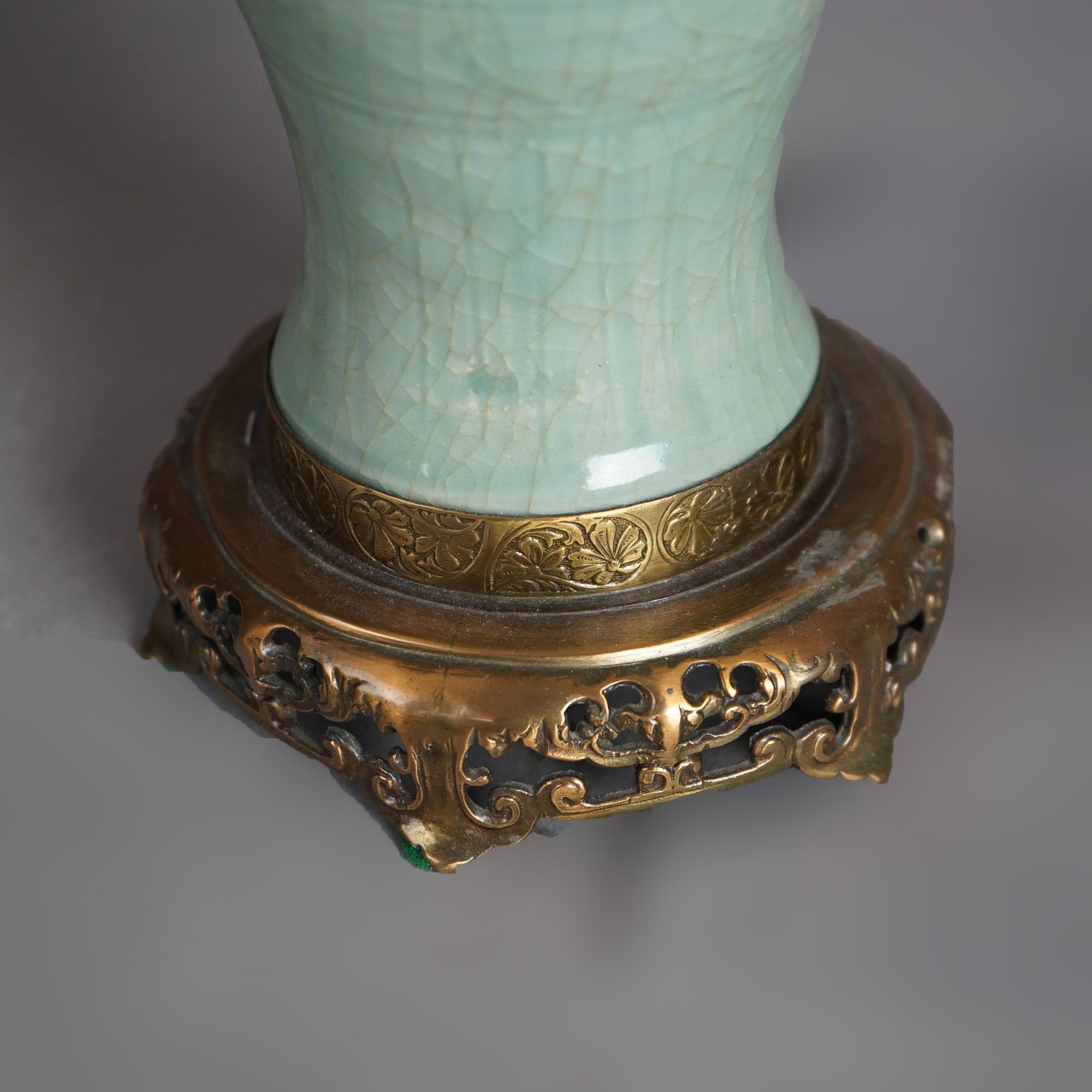20th Century Antique Chinese Celadon Glazed Art Pottery Table Lamp C1930