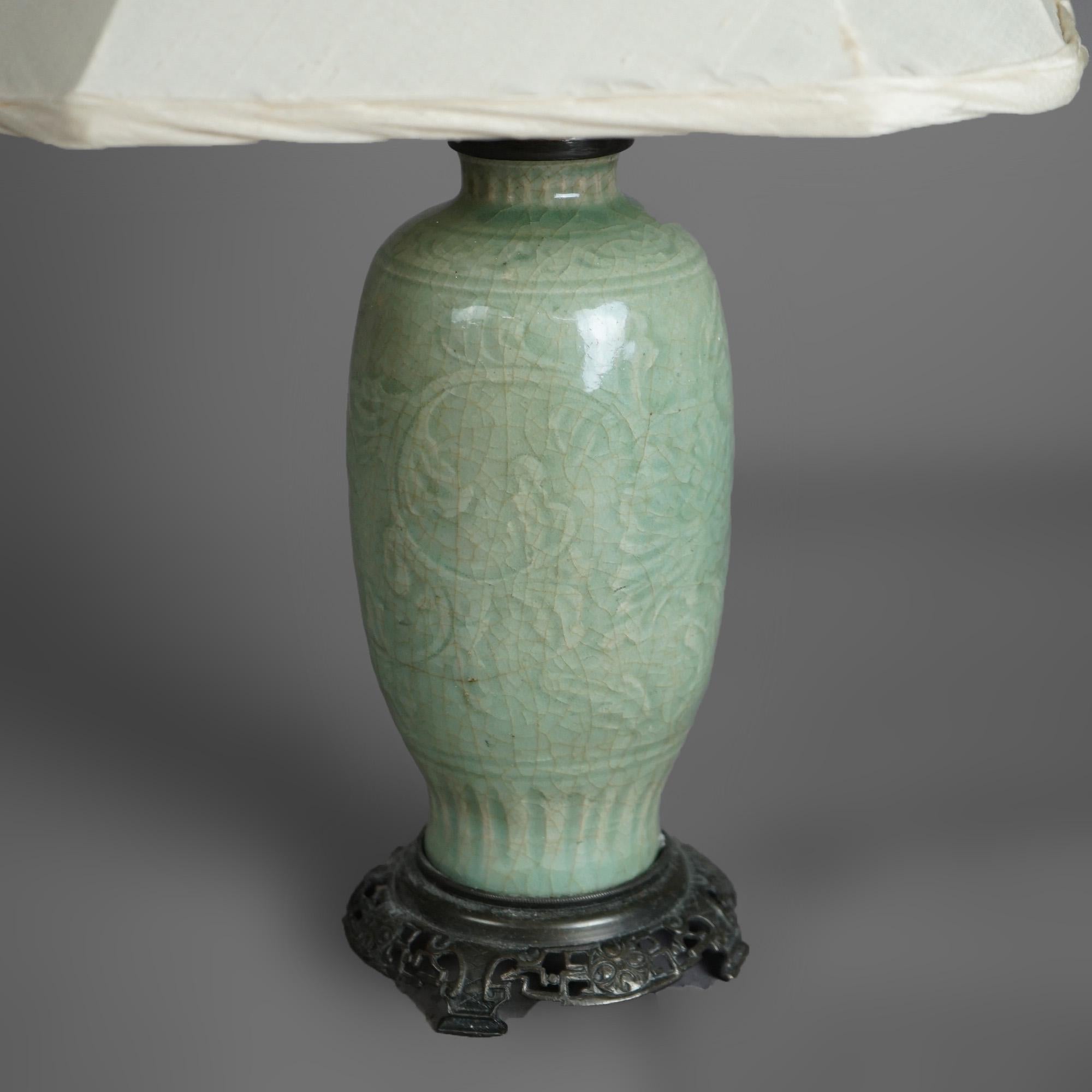 Antique Chinese Celadon Glazed Art Pottery Table Lamp C1930 1