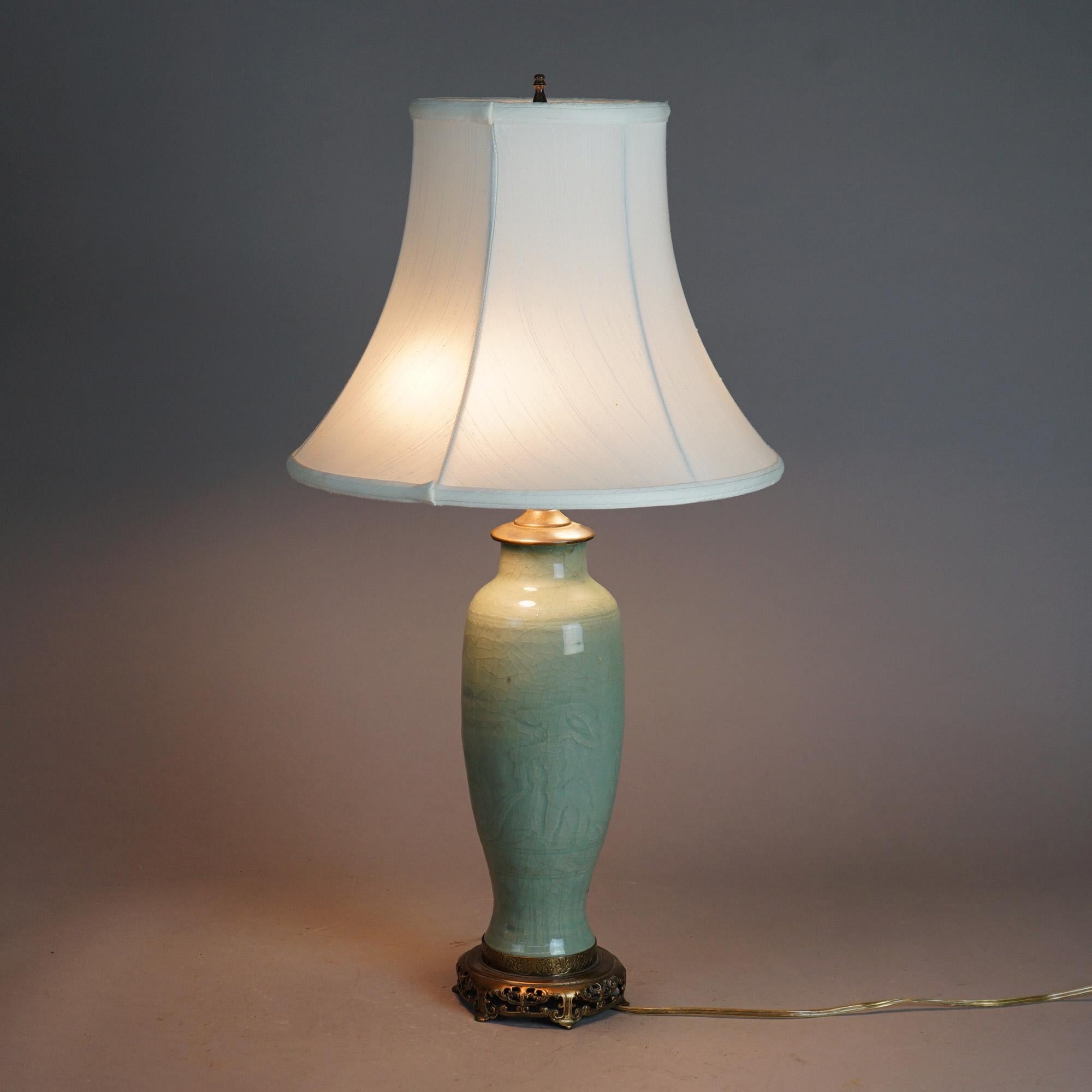 Antique Chinese Celadon Glazed Art Pottery Table Lamp C1930 2