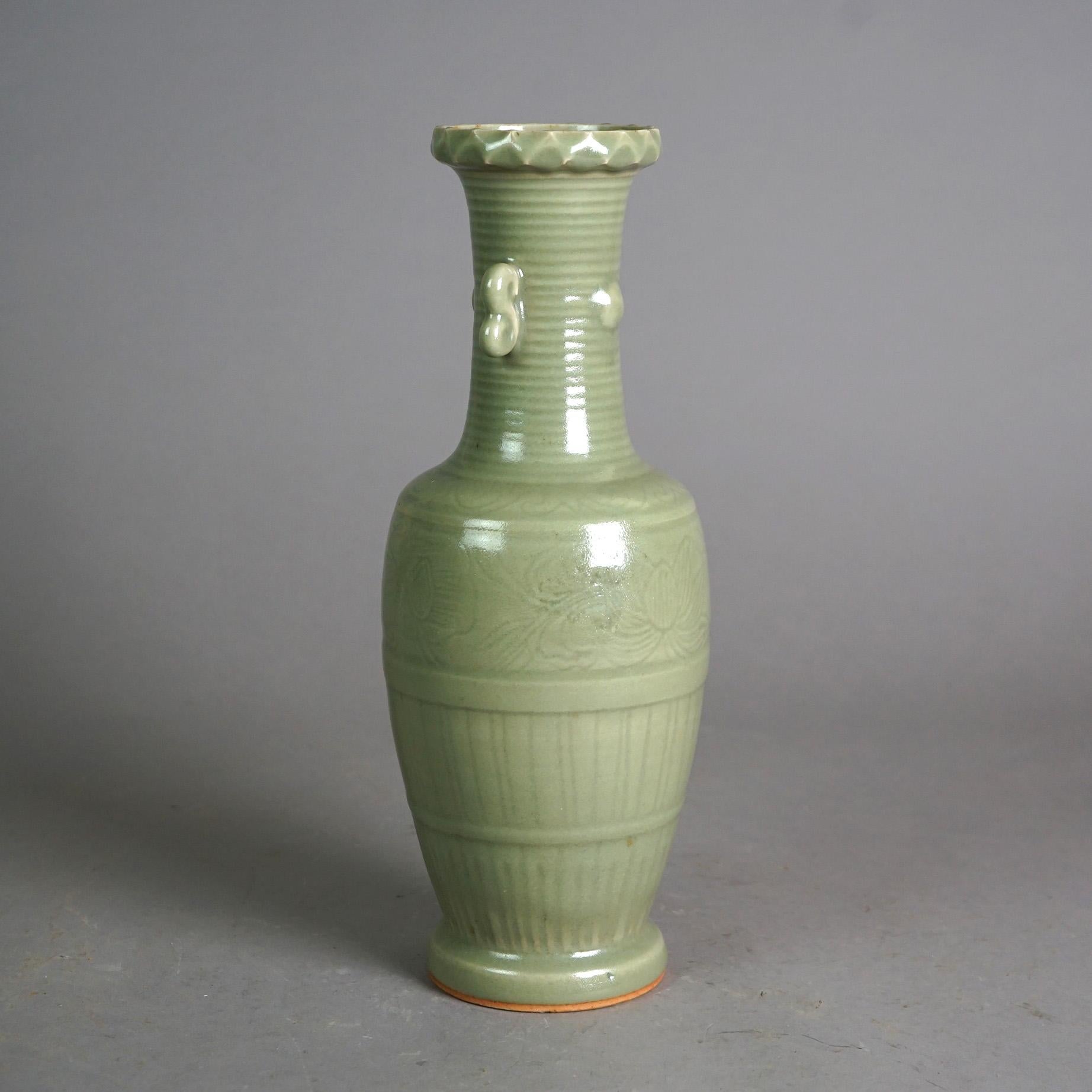 Asian Antique Chinese Celadon Glazed Art Pottery Vase, c1930 For Sale