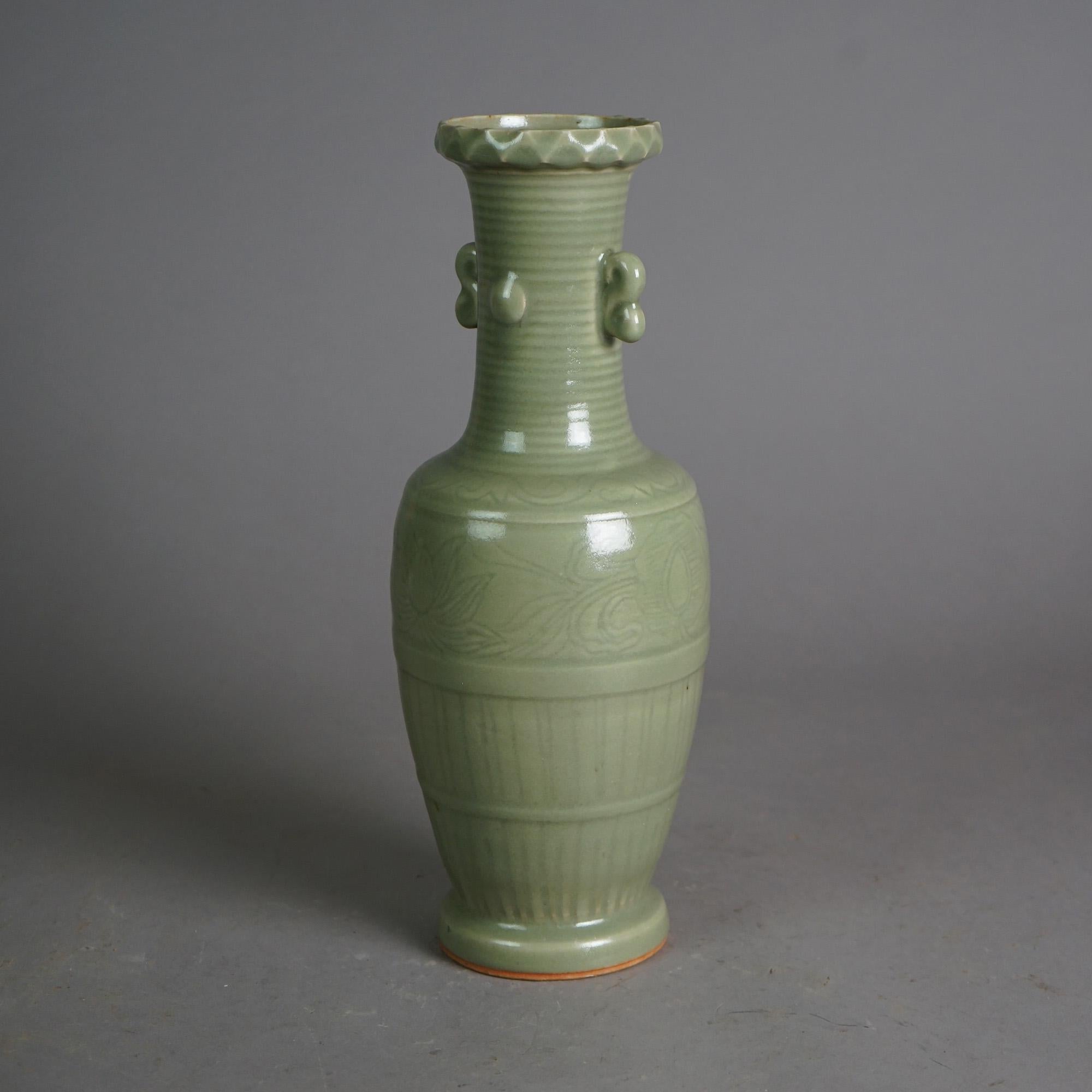 Antique Chinese Celadon Glazed Art Pottery Vase, c1930 In Good Condition For Sale In Big Flats, NY
