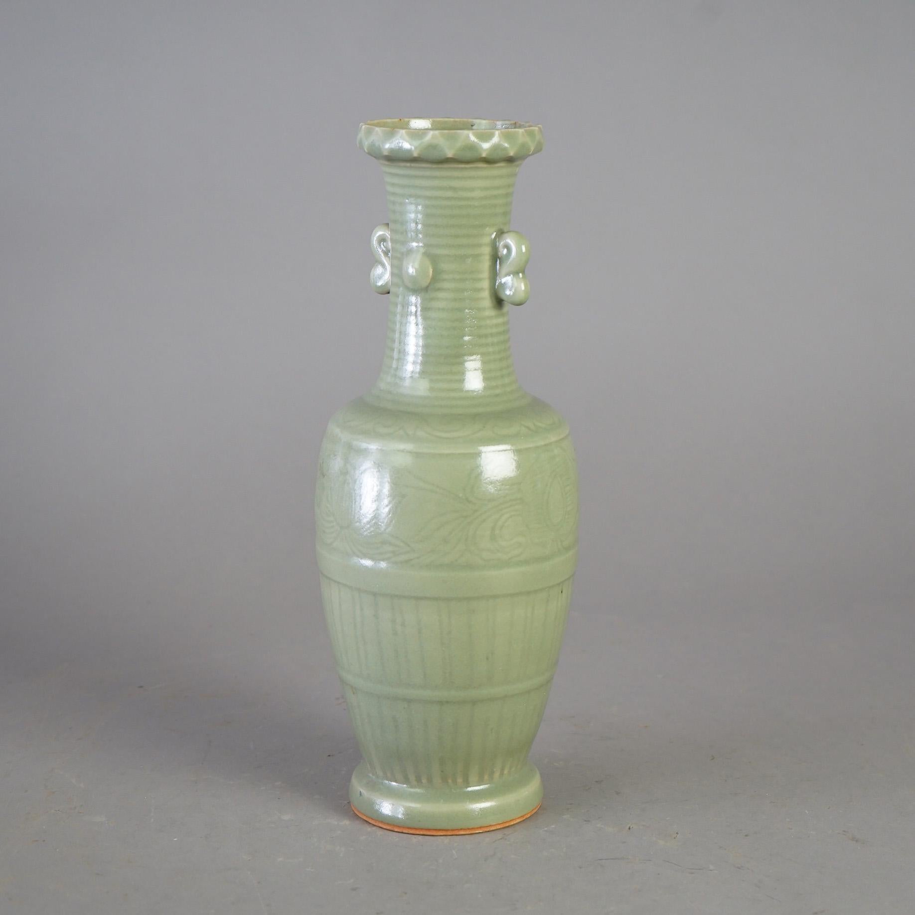 Antique Chinese Celadon Glazed Art Pottery Vase, c1930 In Good Condition In Big Flats, NY