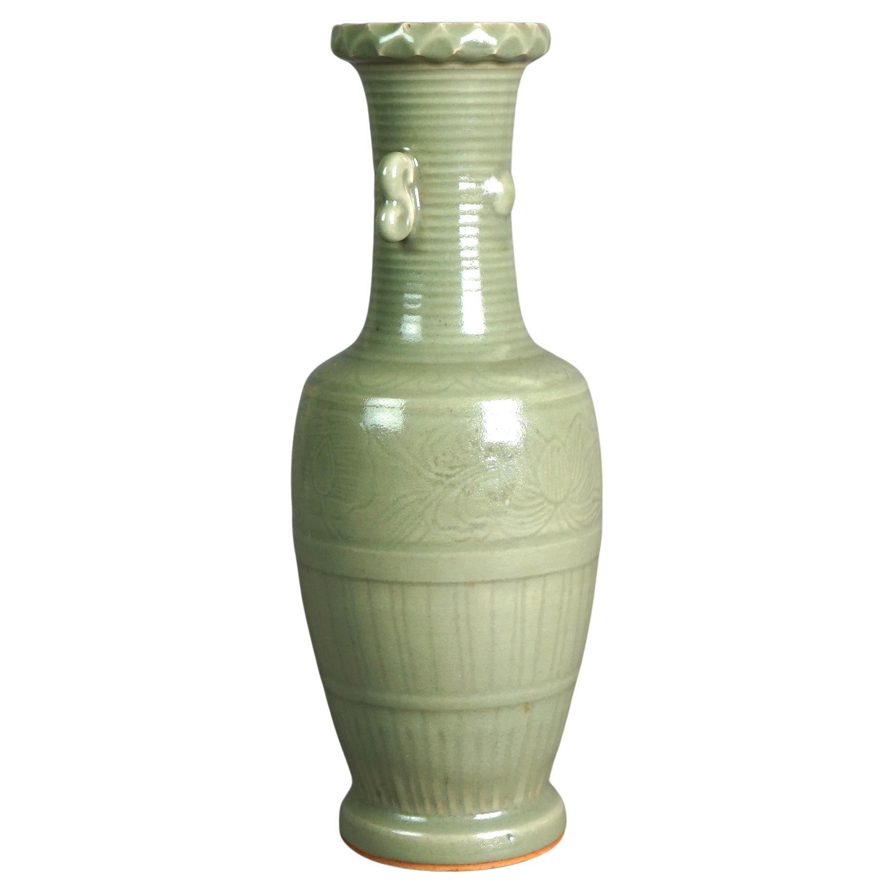 Antique Chinese Celadon Glazed Art Pottery Vase, c1930 For Sale