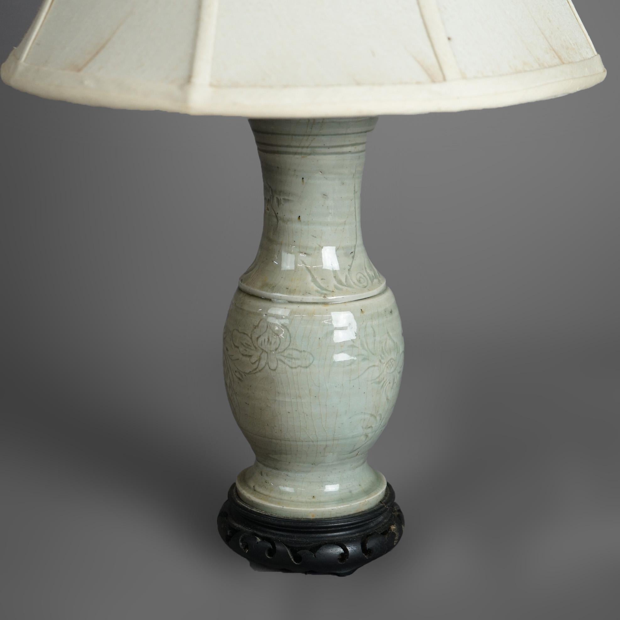 Antique Chinese Celadon Glazed Foliate Incised Art Pottery Table Lamp C1930 In Good Condition In Big Flats, NY