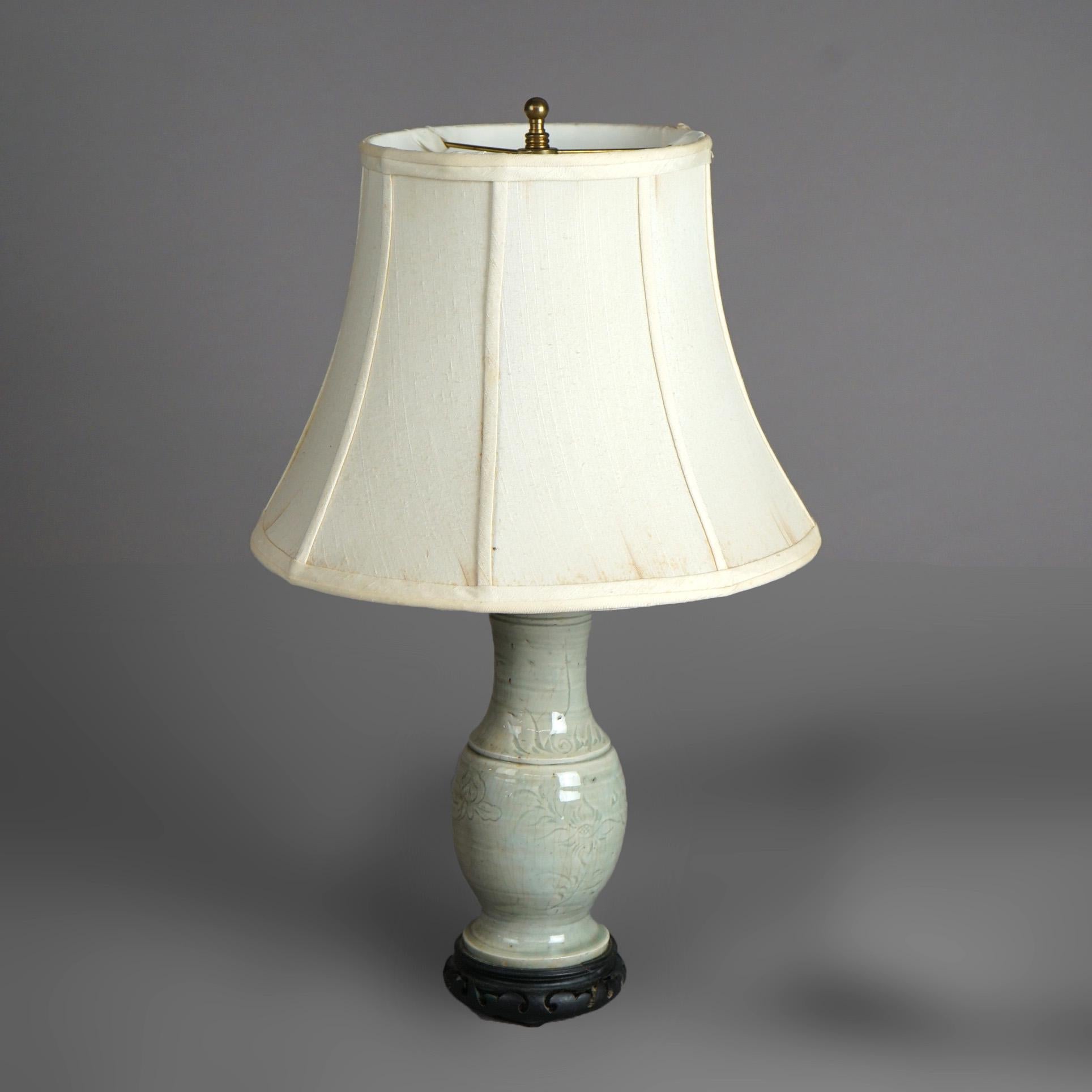 Antique Chinese Celadon Glazed Foliate Incised Art Pottery Table Lamp C1930 2