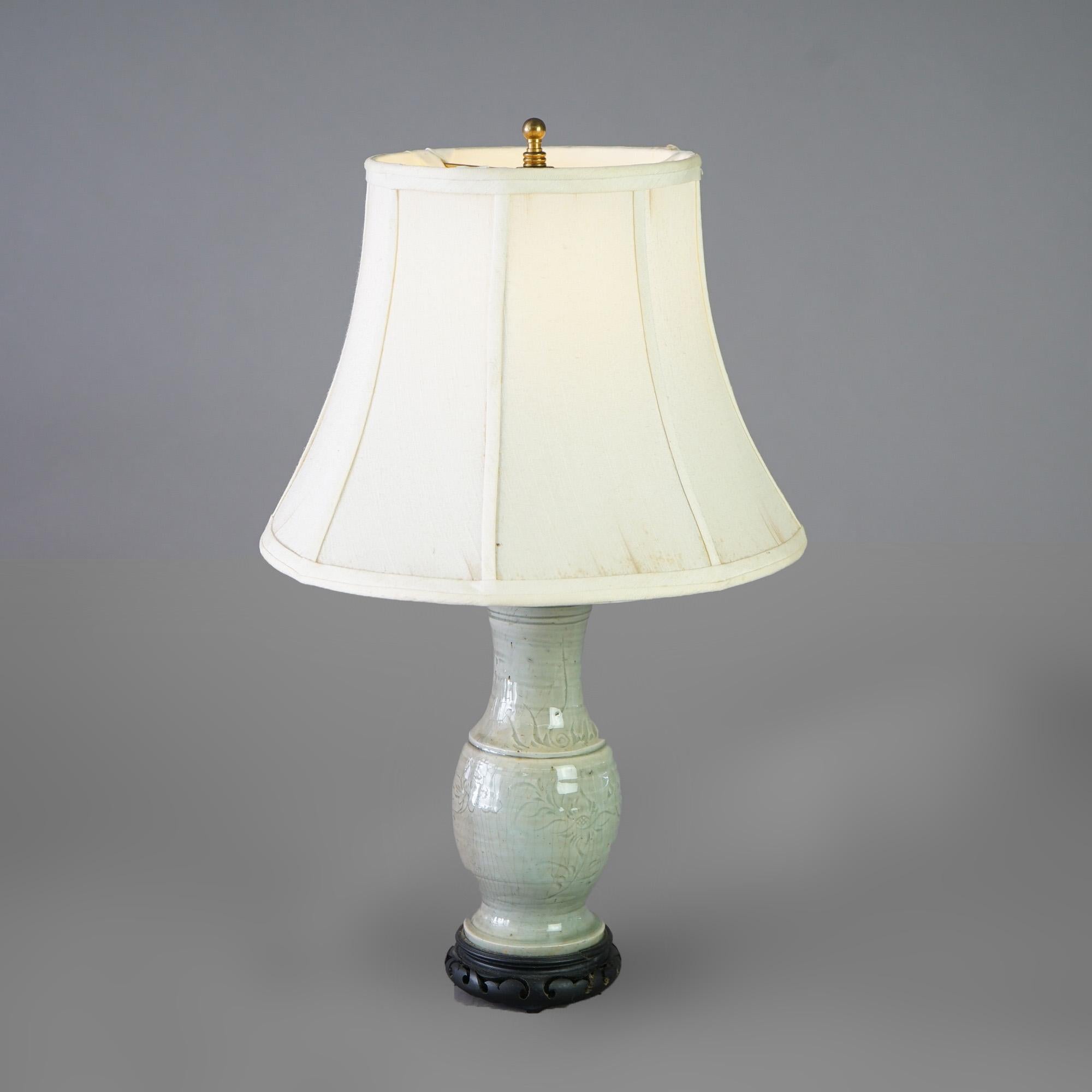 Antique Chinese Celadon Glazed Foliate Incised Art Pottery Table Lamp C1930 4