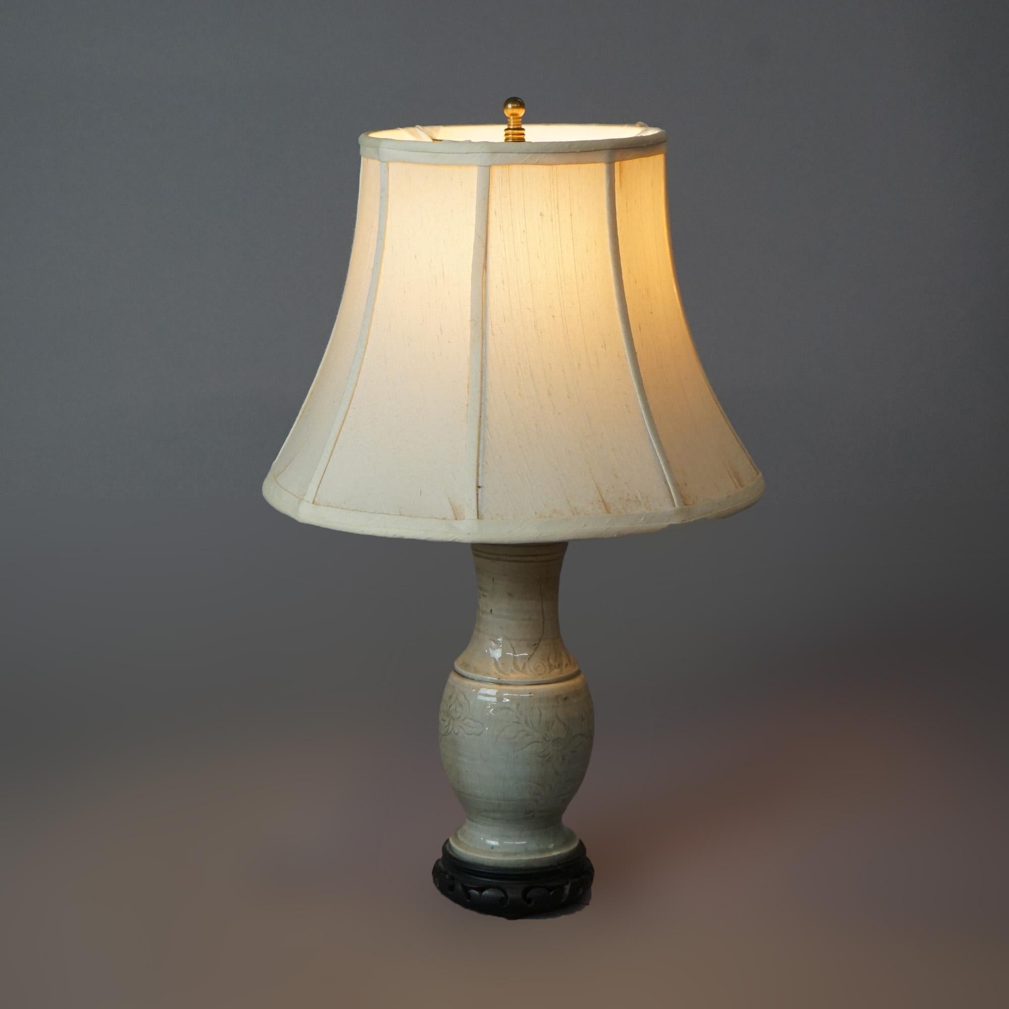 Antique Chinese Celadon Glazed Foliate Incised Art Pottery Table Lamp C1930 5
