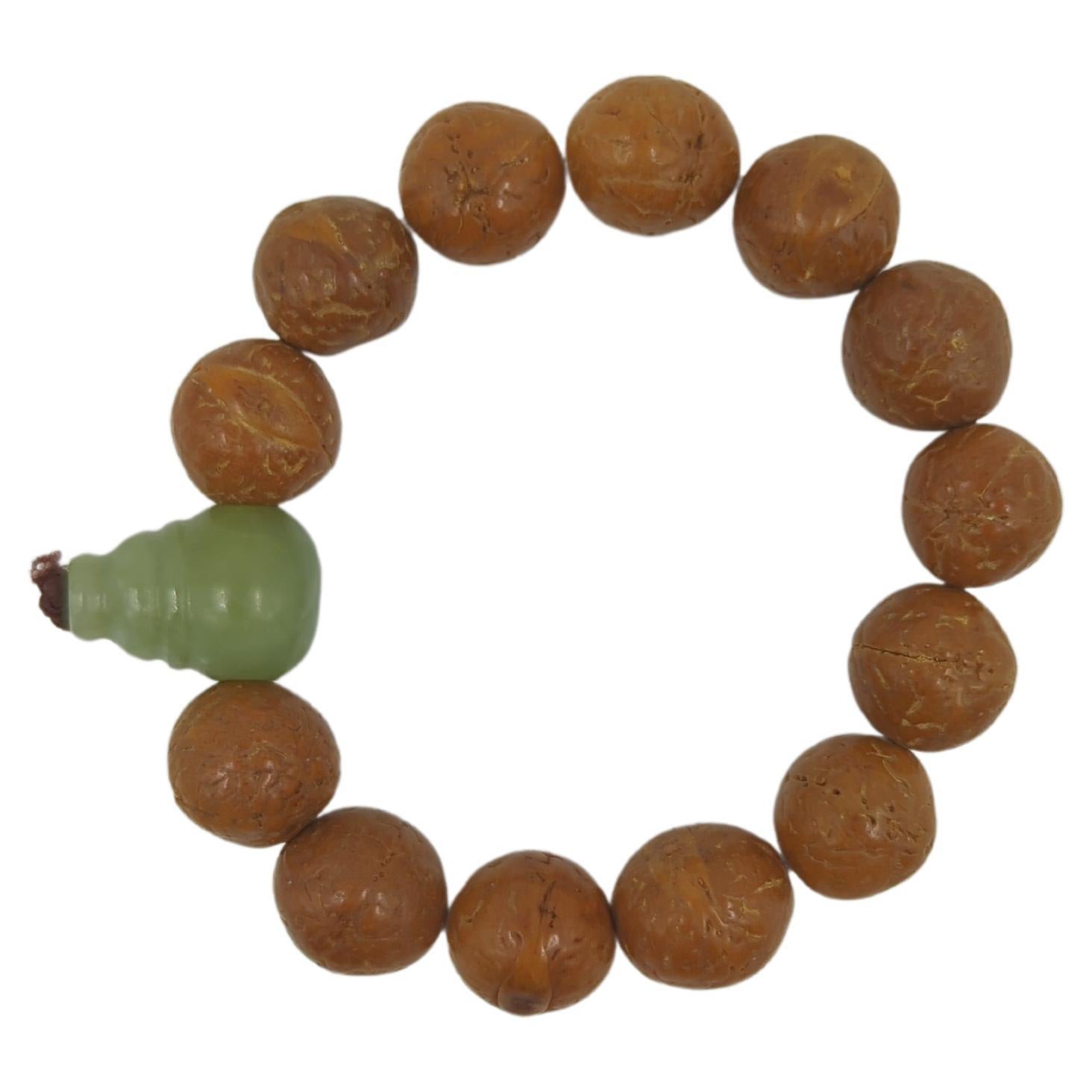 Artisan Antique Chinese Celadon Jade Hulu Bead Bodhi Seeds Bracelet - BEAUTIFUL PATINA For Sale