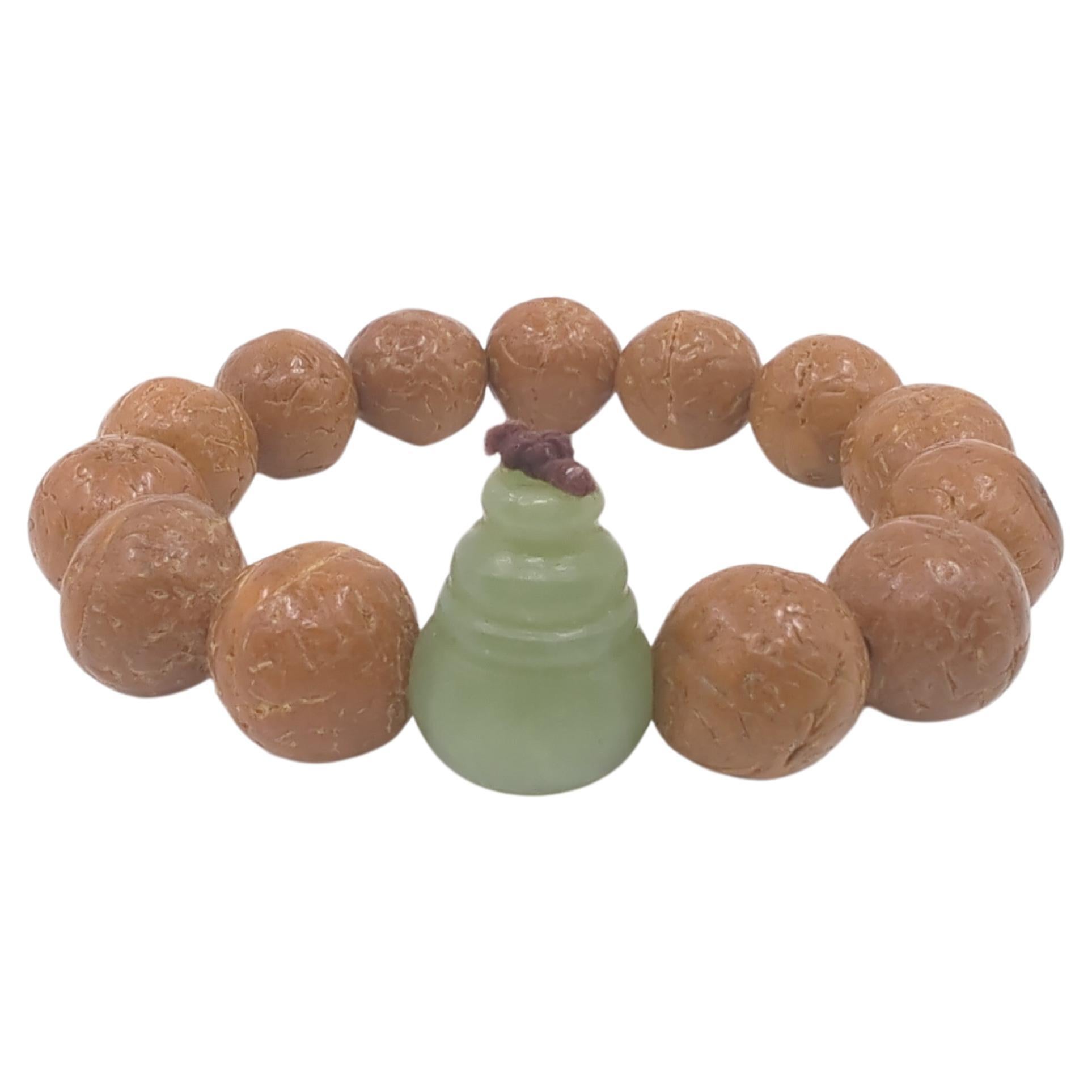 Antique Chinese Celadon Jade Hulu Bead Bodhi Seeds Bracelet - BEAUTIFUL PATINA For Sale 1