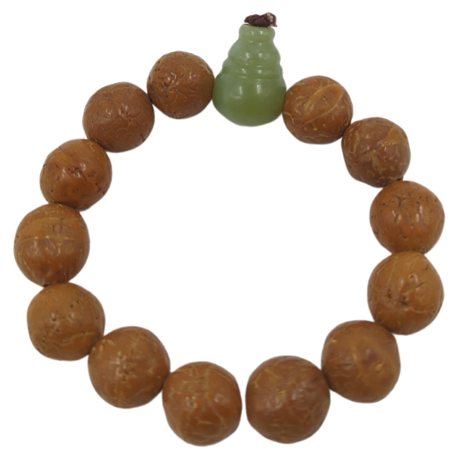 Antique Chinese Celadon Jade Hulu Bead Bodhi Seeds Bracelet - BEAUTIFUL PATINA For Sale