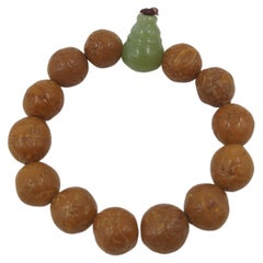 Vintage Chinese Celadon Jade Hulu Bead Bodhi Seeds Bracelet - BEAUTIFUL PATINA