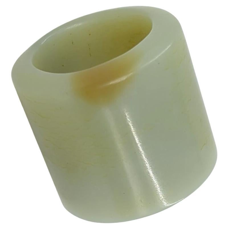 Artisan Antique Chinese Celadon Jade Thumb Ring With Golden Russet Inclusion Size 13.25 For Sale