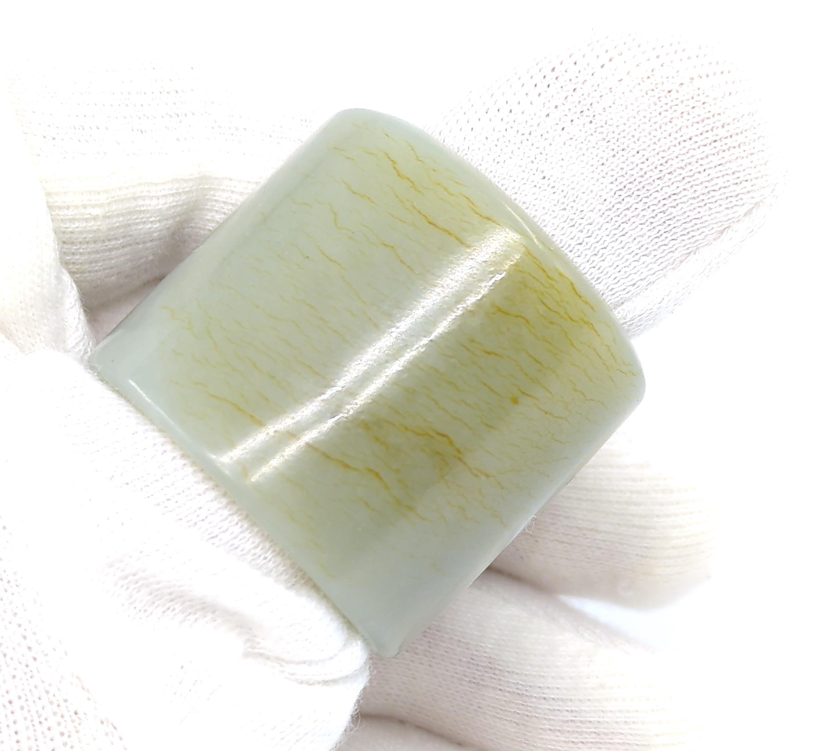 Women's or Men's Antique Chinese Celadon Jade Thumb Ring With Golden Russet Inclusion Size 13.25 For Sale
