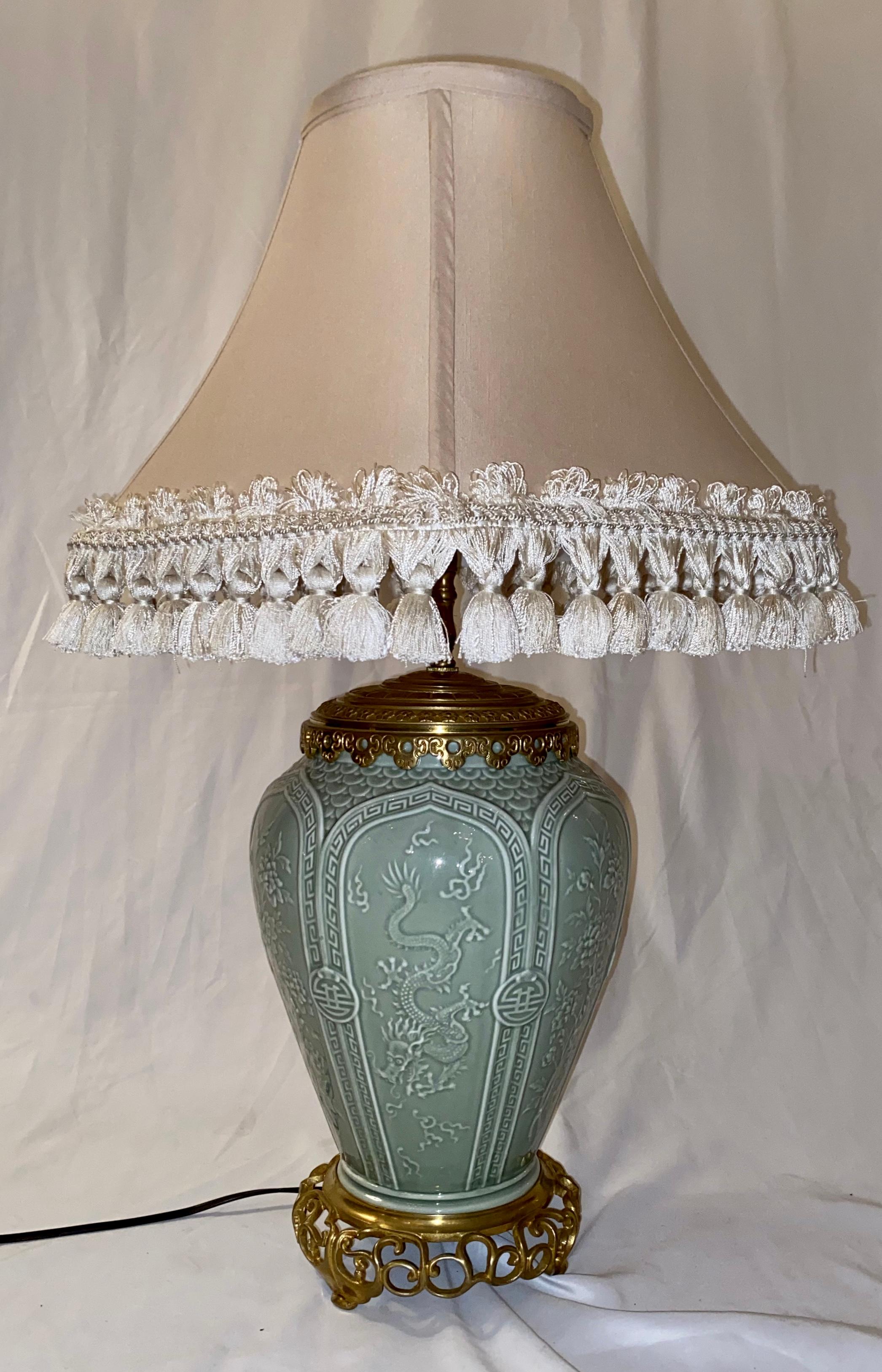Antique Chinese Celadon Lamp 19th Century with Bronze Mounts In Good Condition For Sale In New Orleans, LA