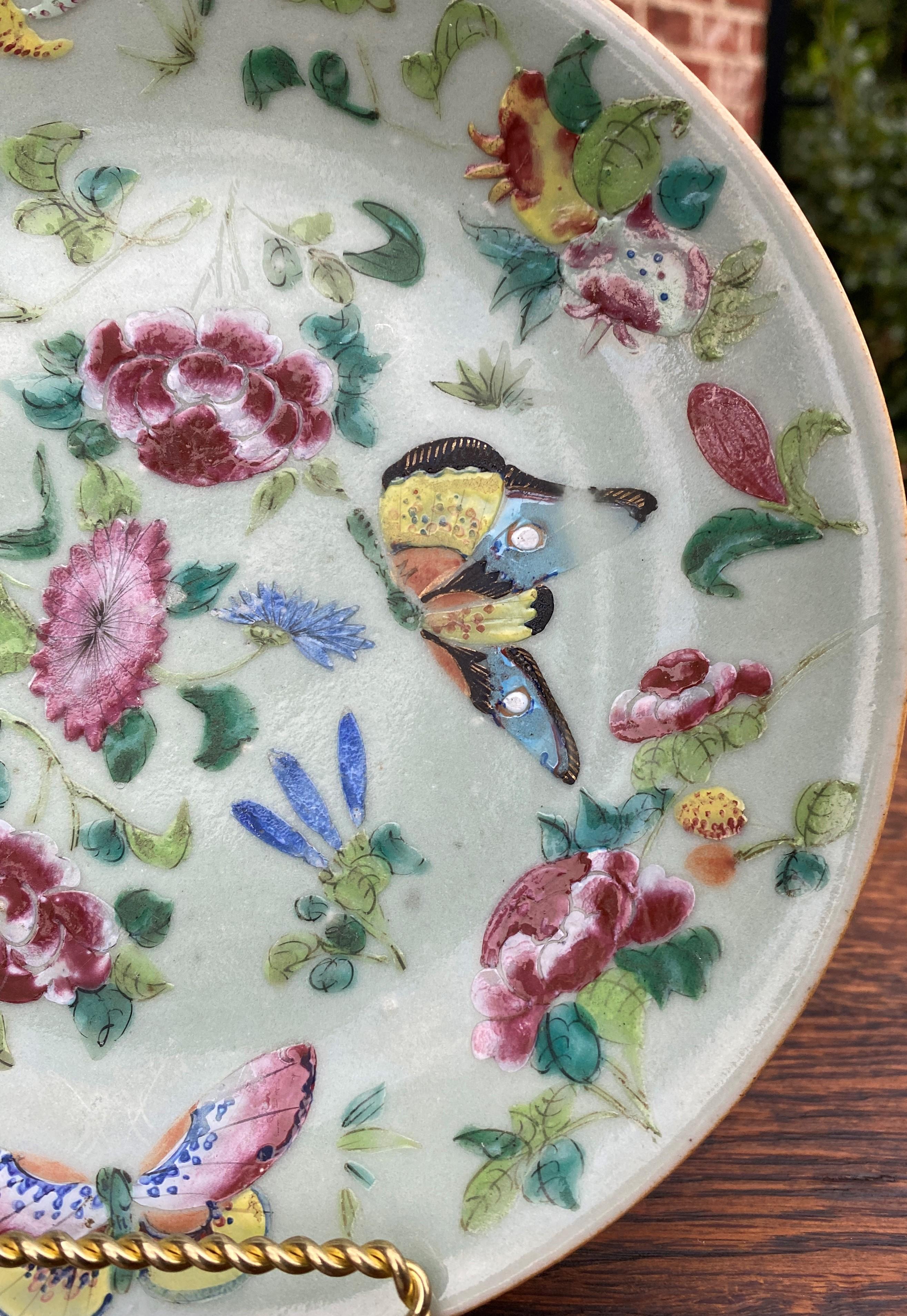 Antique Chinese Celadon Plate Hand Painted Canton Famille Rose Qing c. 1820 #1 2