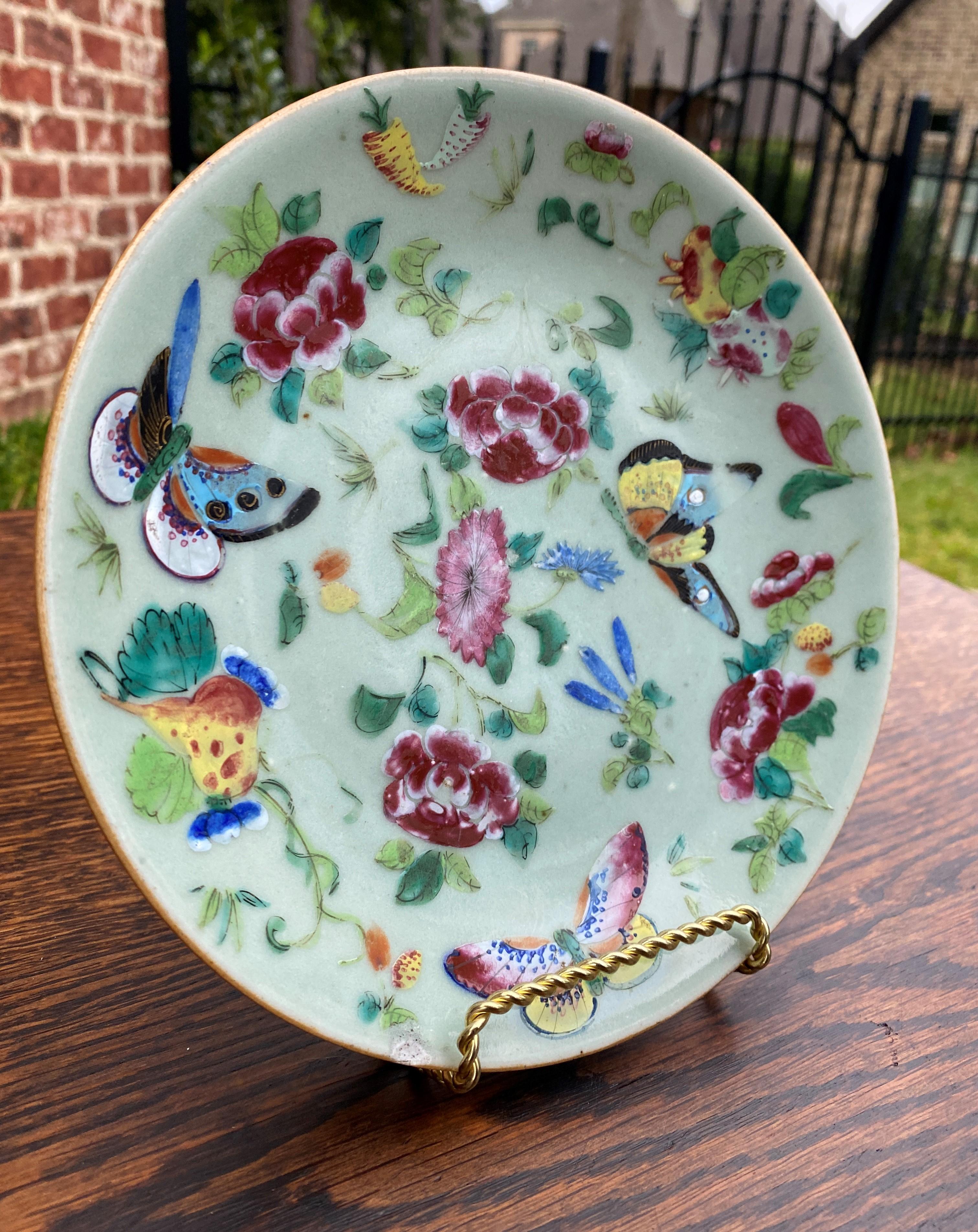 Antique Chinese Celadon Plate Hand Painted Canton Famille Rose Qing c. 1820 #1 3