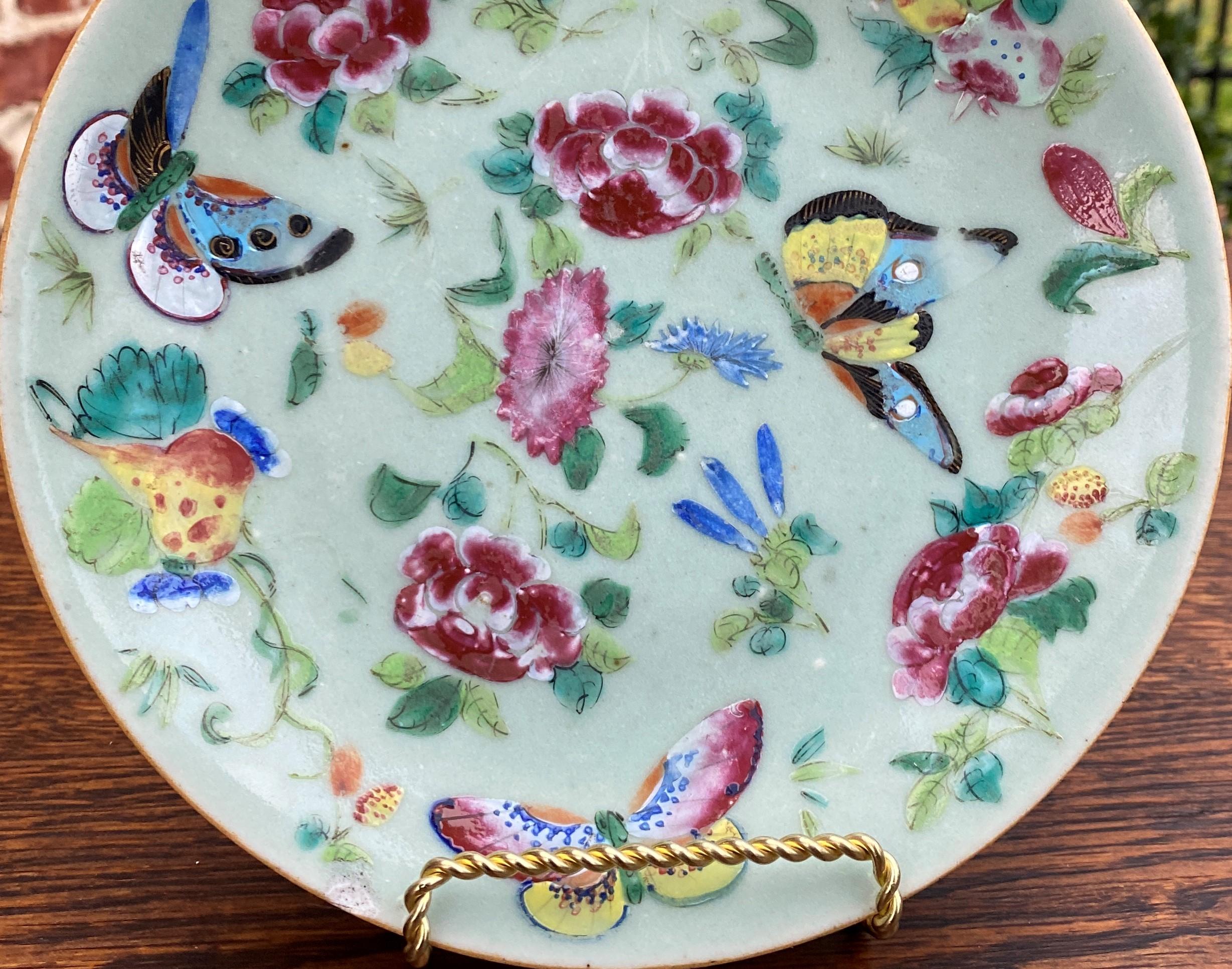 Antique Chinese Celadon Plate #1~~Famille-Rose Palette~~Qing Dynasty~~c. 1820s

Beautiful antique Chinese (Canton) Celadon plate~~light green Celadon glaze with beautifully hand painted decoration in over-glaze poly-chrome enamels of the