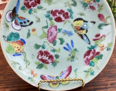 Antique Chinese Celadon Plate Hand Painted Canton Famille Rose Qing c. 1820 #1