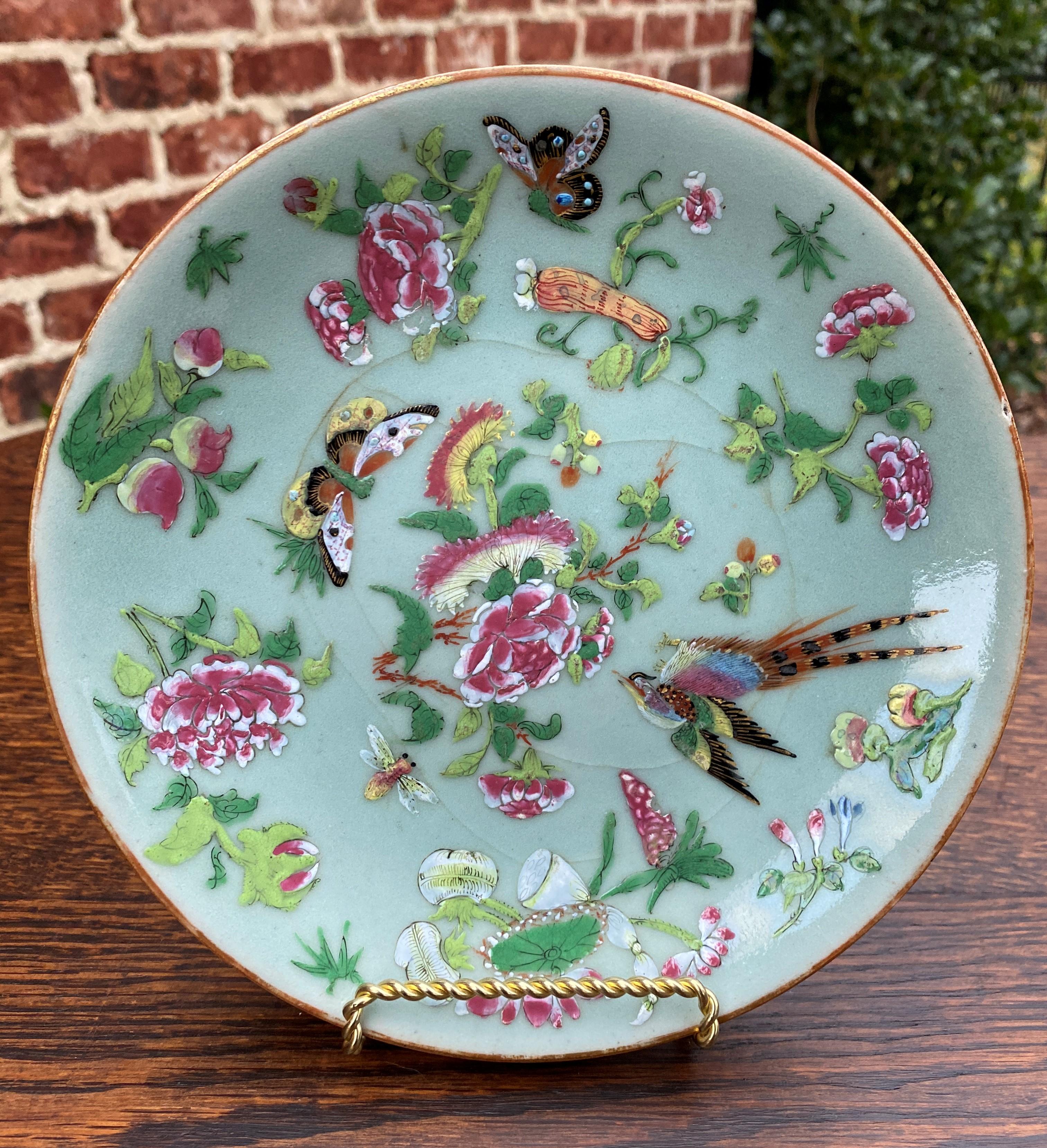 Antique Chinese Celadon Plate Hand Painted Canton Famille Rose Qing c. 1820 #2 4