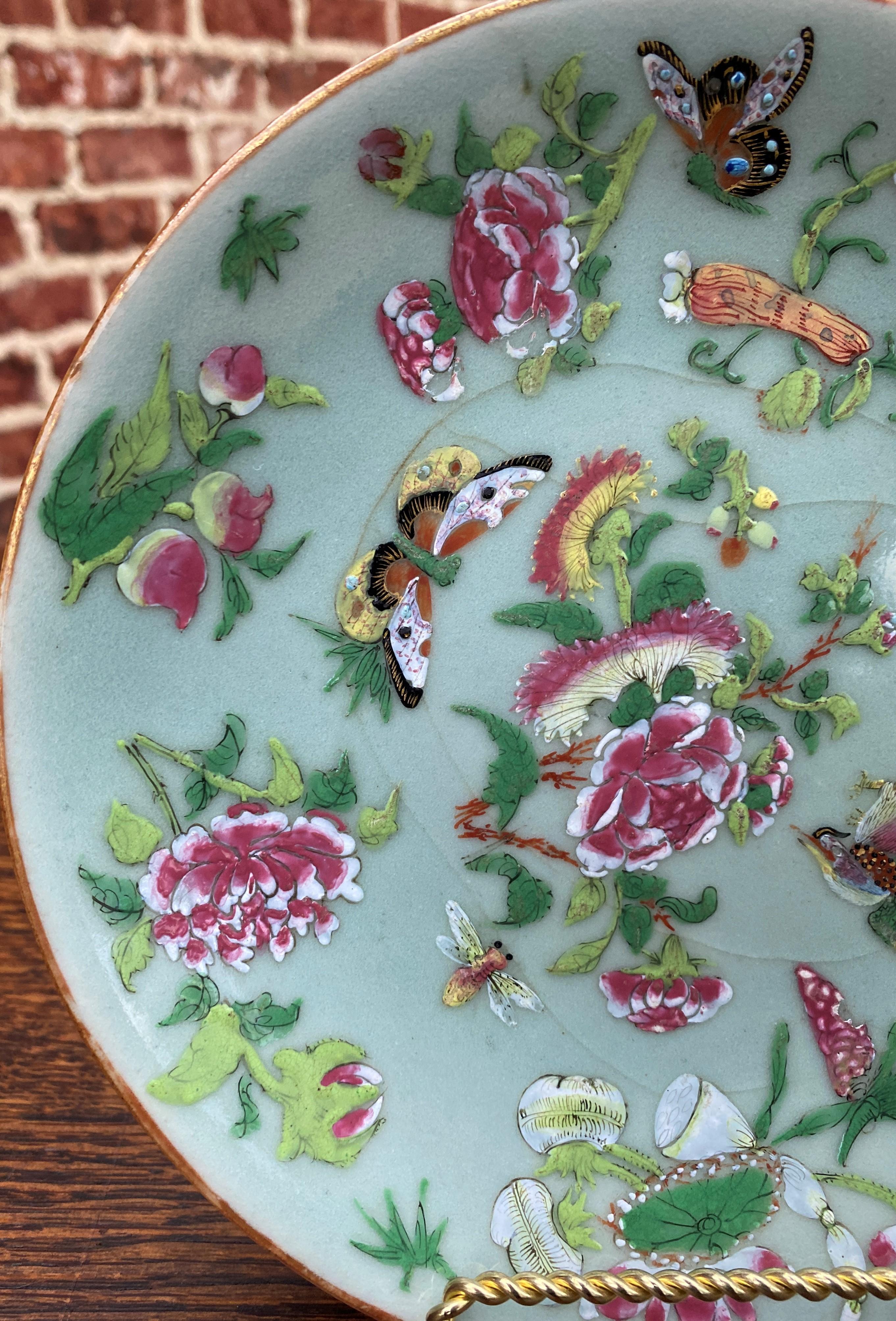 Antique Chinese Celadon Plate Hand Painted Canton Famille Rose Qing c. 1820 #2 5