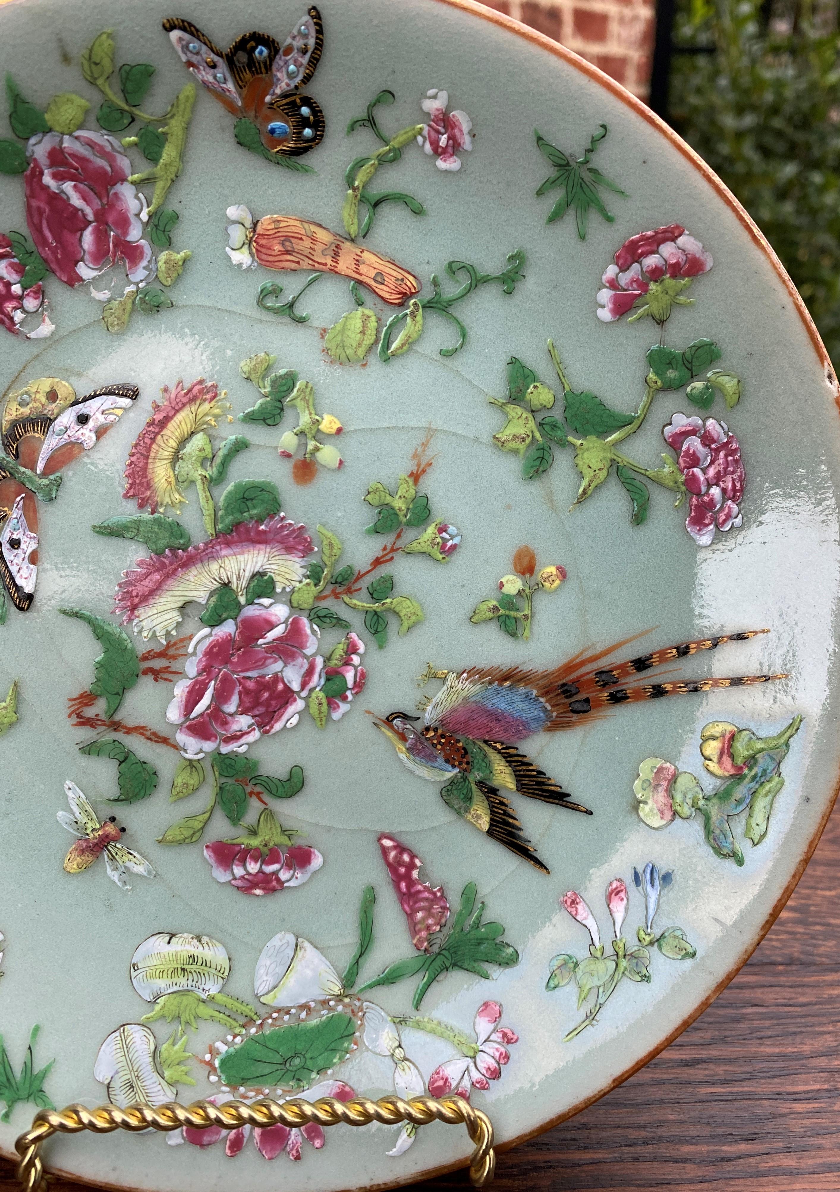 Antique Chinese Celadon Plate Hand Painted Canton Famille Rose Qing c. 1820 #2 6