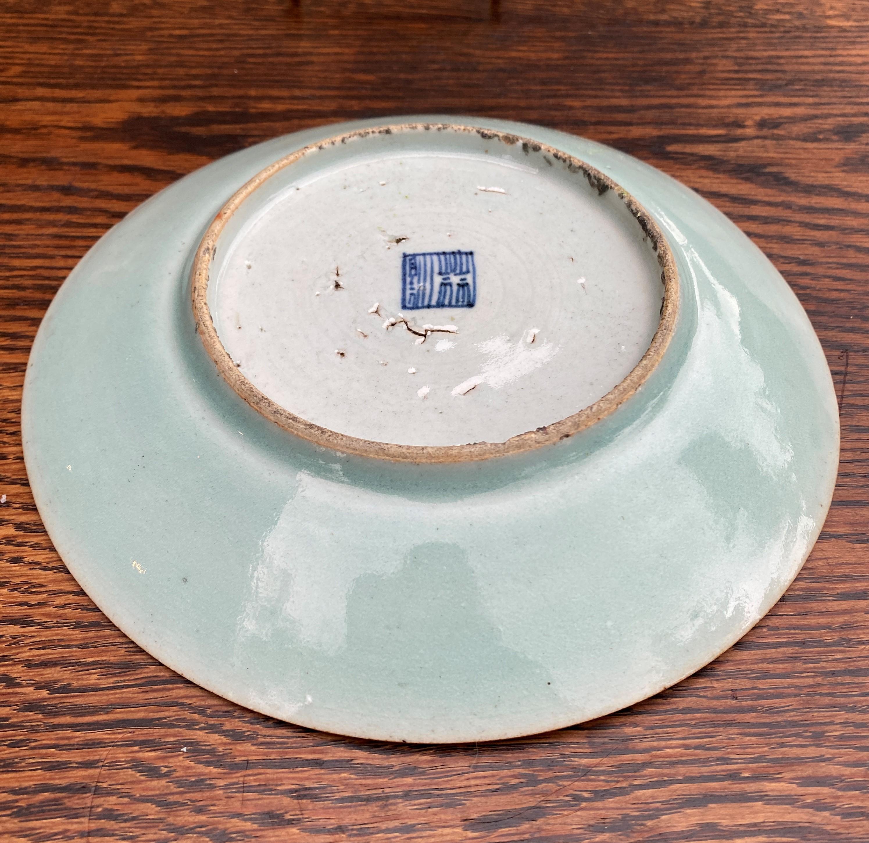 Antique Chinese Celadon Plate Hand Painted Canton Famille Rose Qing c. 1820 #2 7