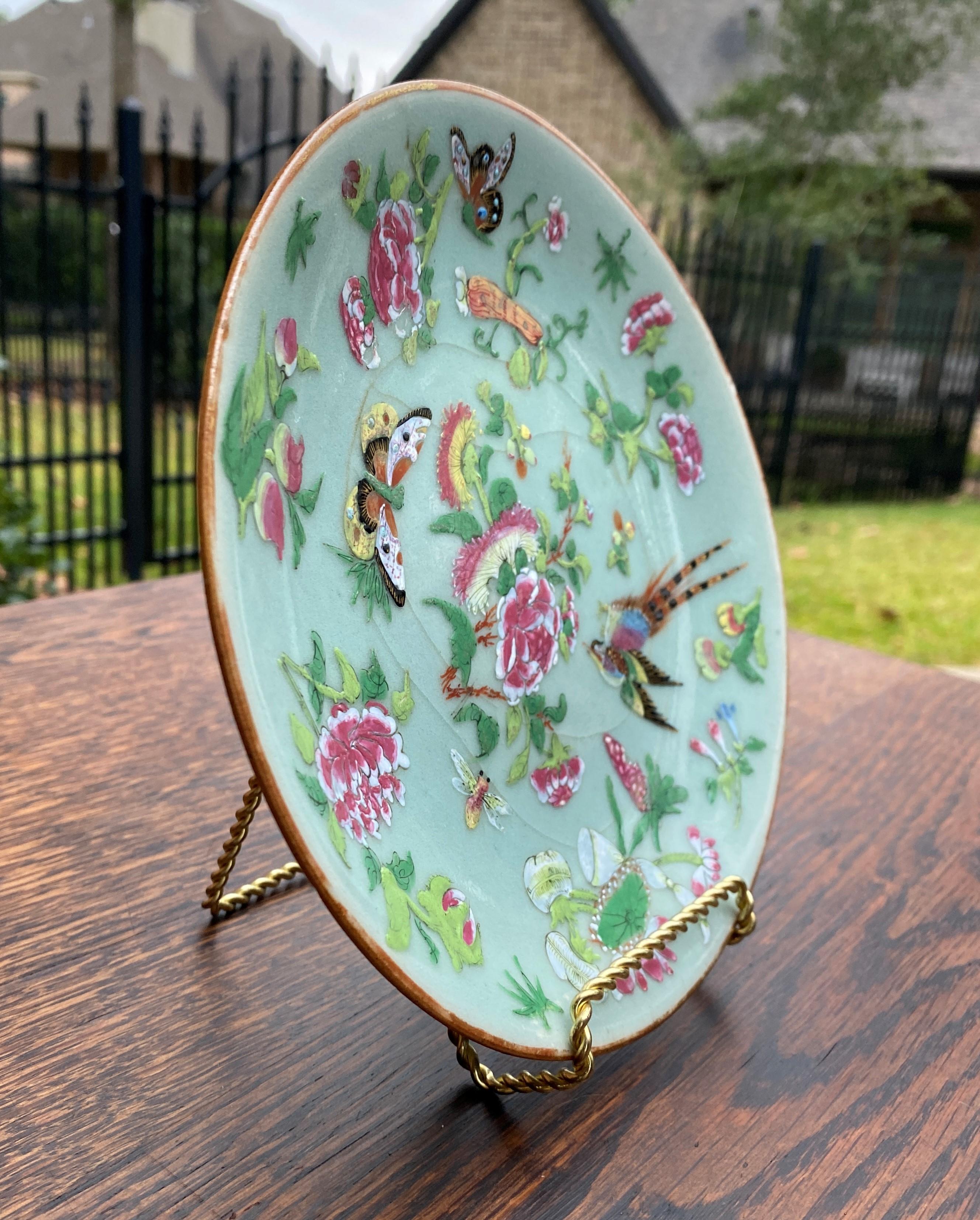 Hand-Painted Antique Chinese Celadon Plate Hand Painted Canton Famille Rose Qing c. 1820 #2