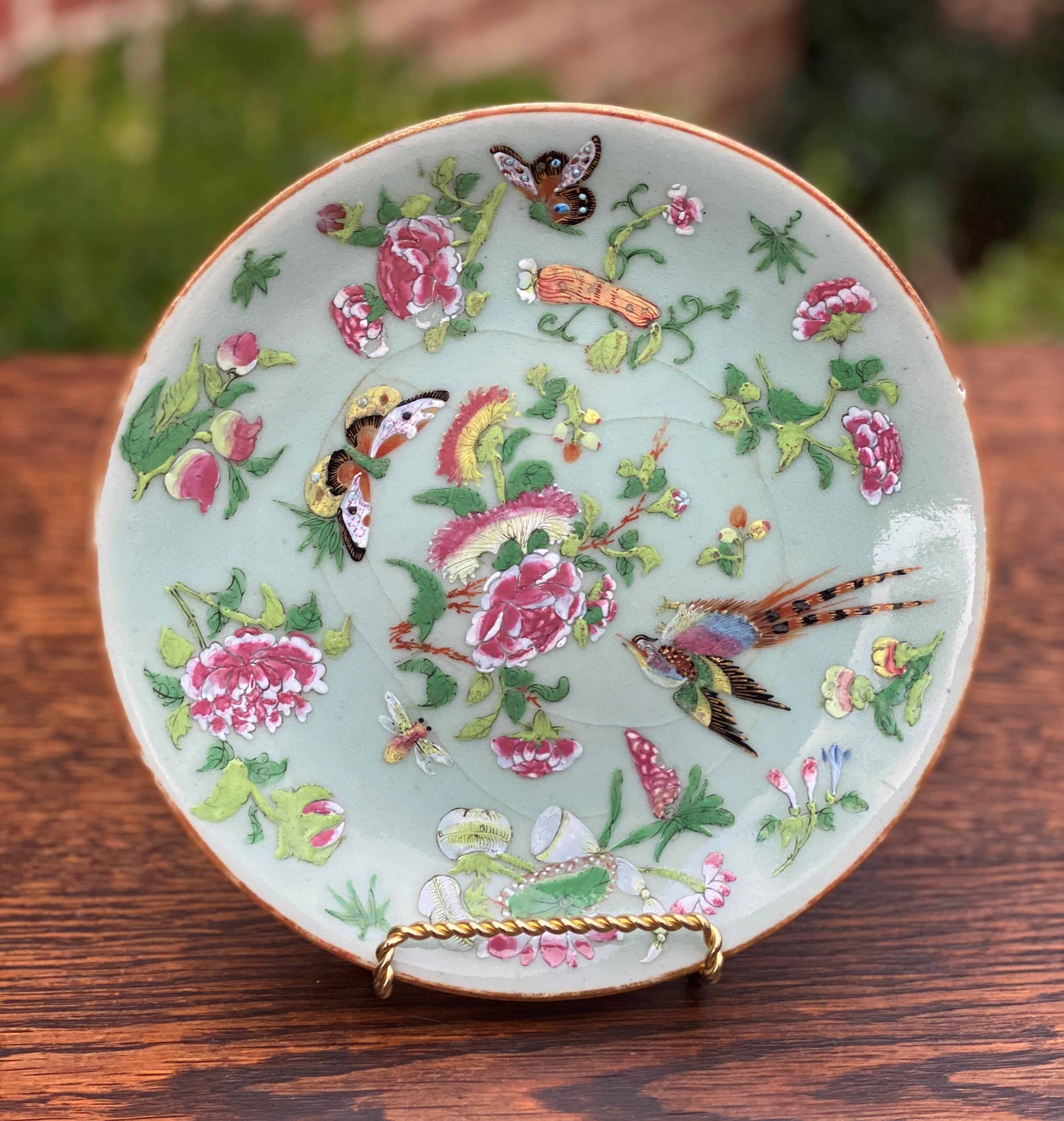 Early 19th Century Antique Chinese Celadon Plate Hand Painted Canton Famille Rose Qing c. 1820 #2
