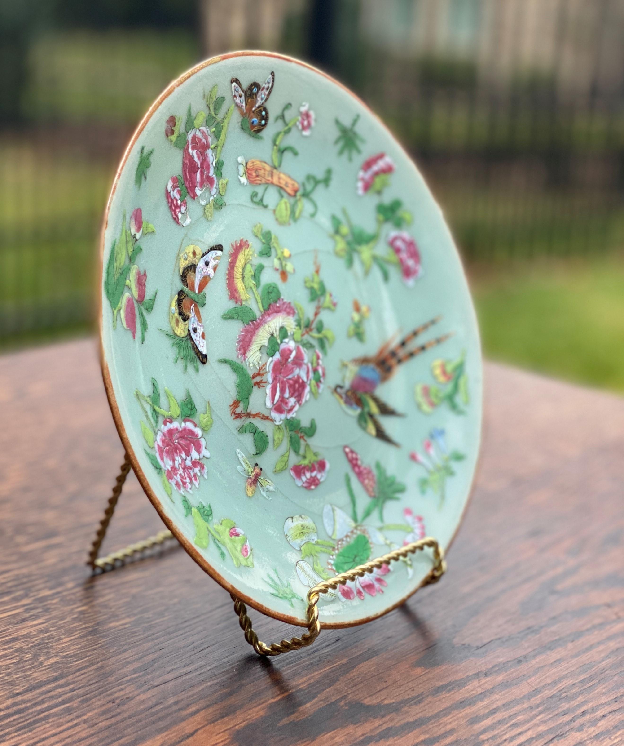 Porcelain Antique Chinese Celadon Plate Hand Painted Canton Famille Rose Qing c. 1820 #2