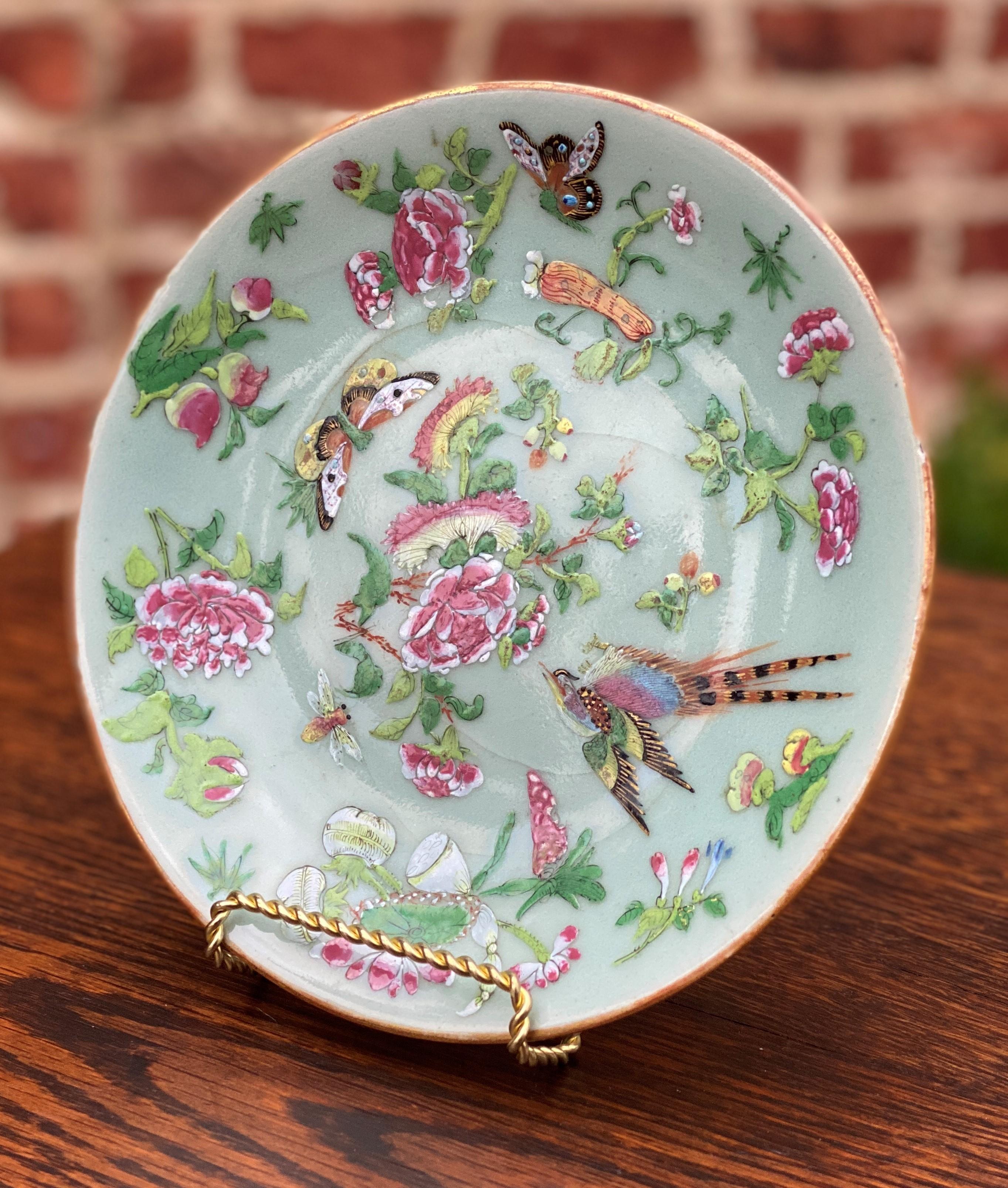 Antique Chinese Celadon Plate Hand Painted Canton Famille Rose Qing c. 1820 #2 1