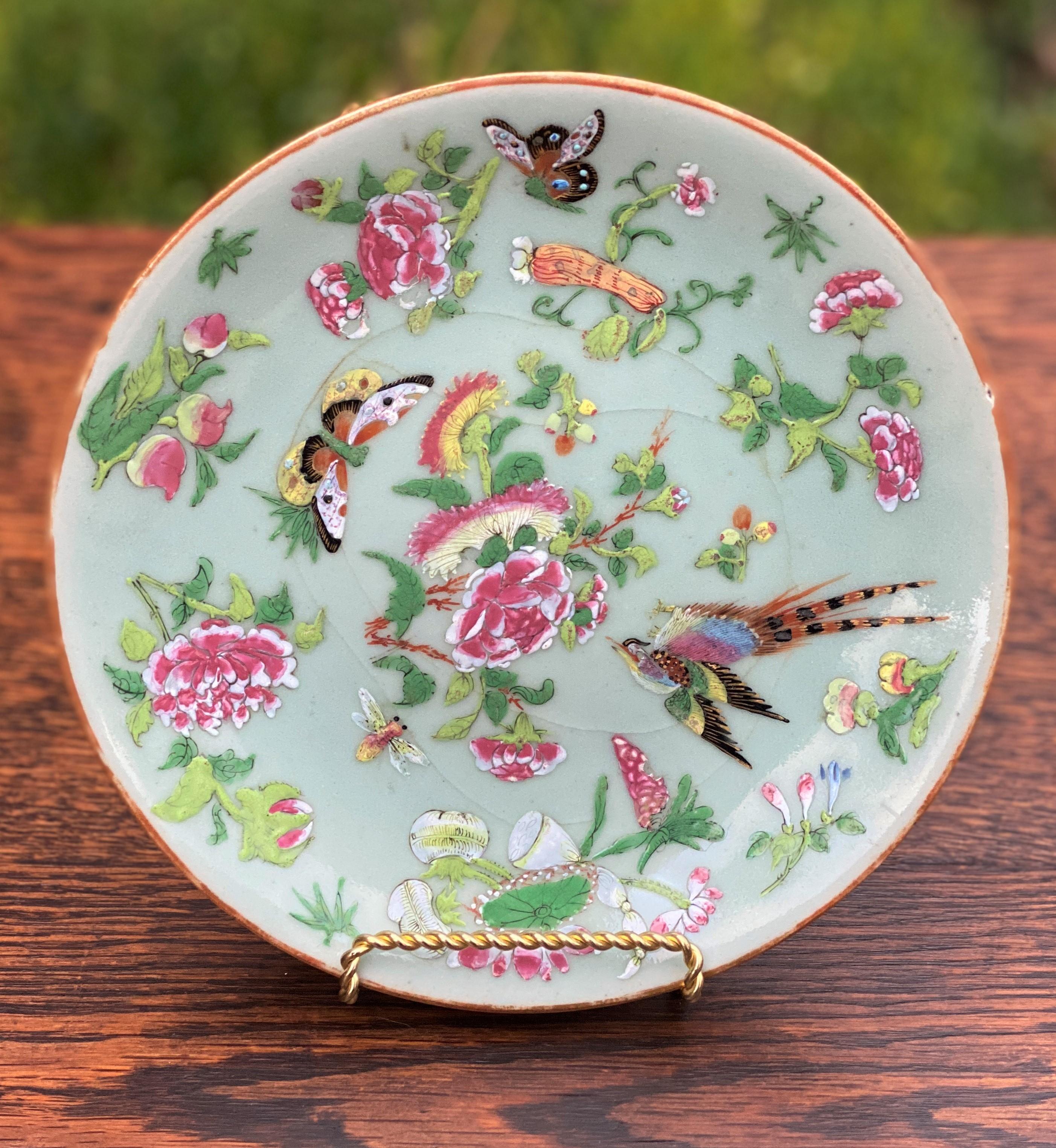 Antique Chinese Celadon Plate Hand Painted Canton Famille Rose Qing c. 1820 #2 2