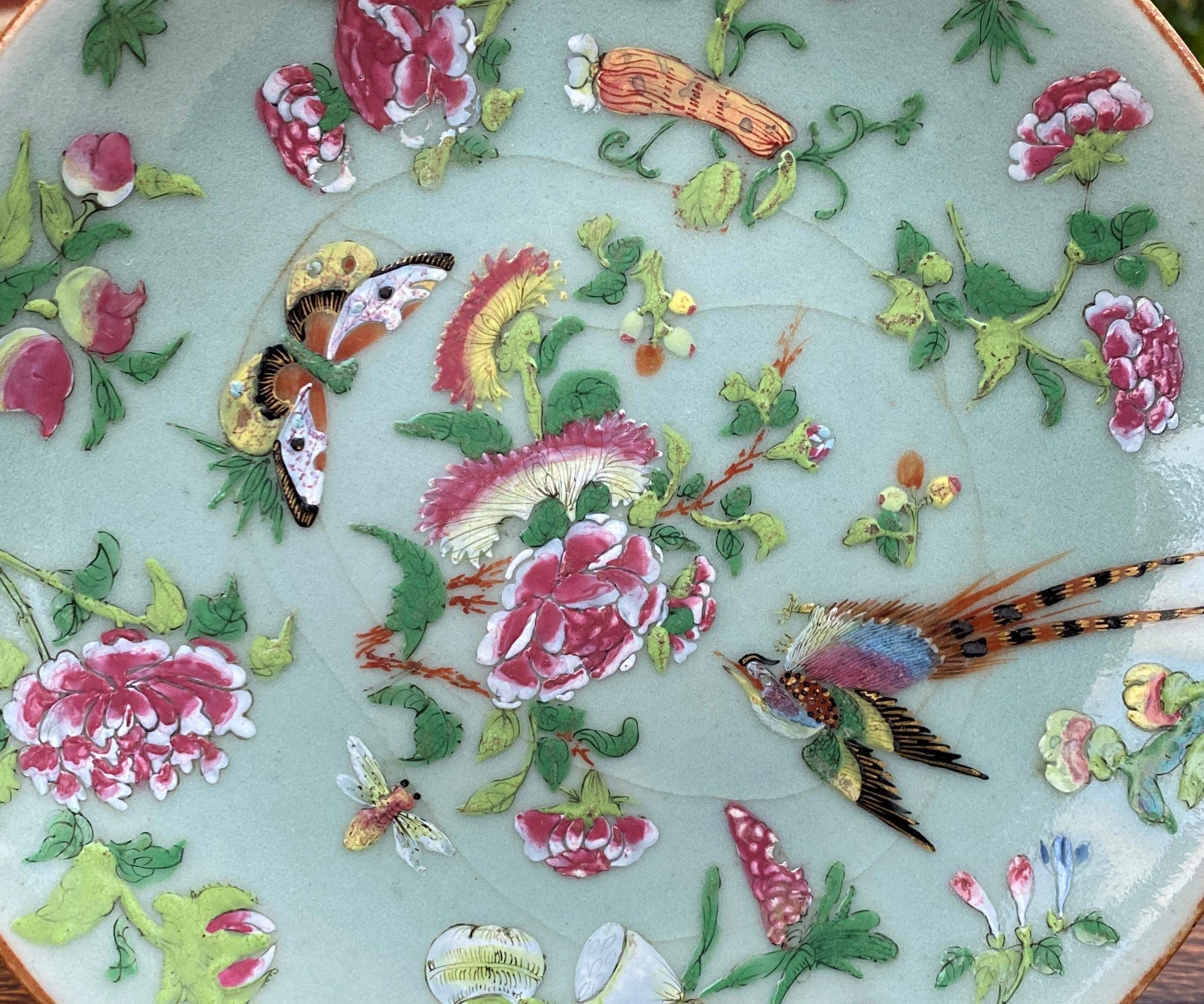 Antique Chinese Celadon Plate Hand Painted Canton Famille Rose Qing c. 1820 #2 3