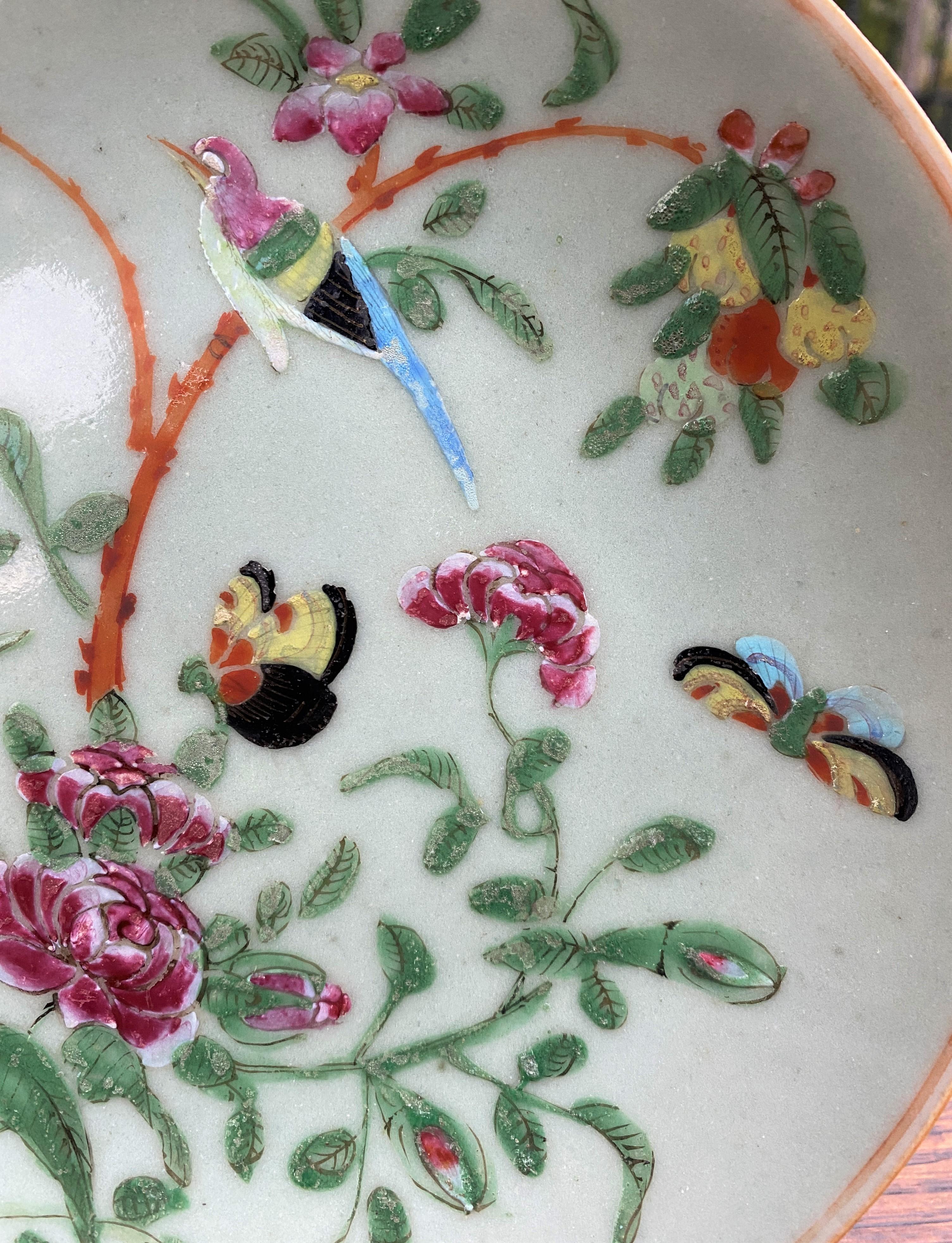 Antique Chinese Celadon Plate Hand Painted Canton Famille Rose Qing c. 1820 #3 8