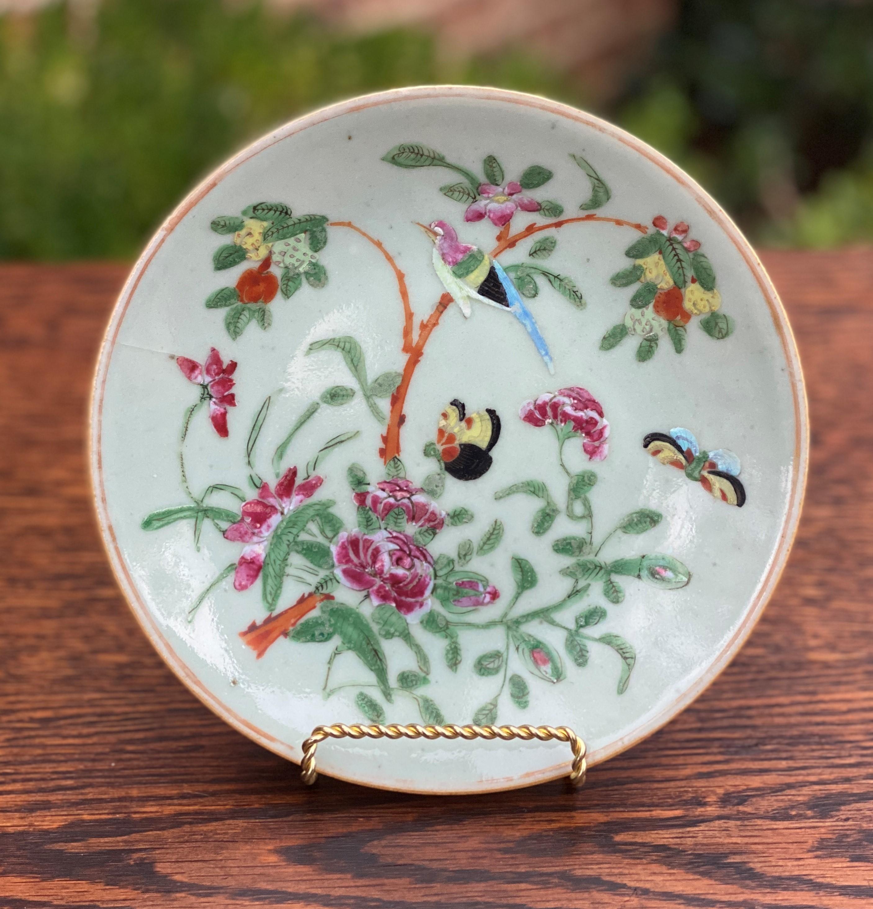 Early 19th Century Antique Chinese Celadon Plate Hand Painted Canton Famille Rose Qing c. 1820 #3