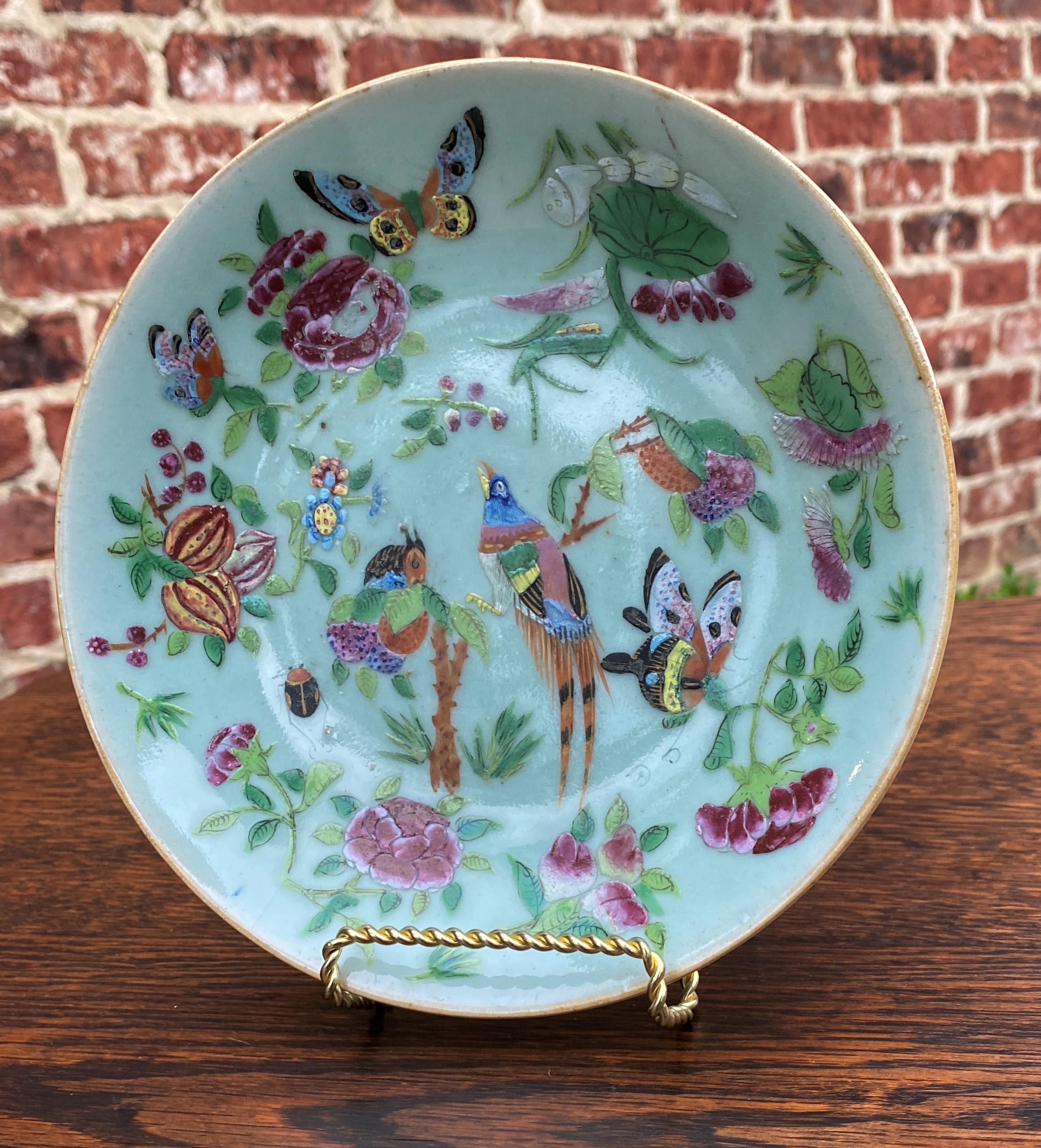 Antique Chinese Celadon Plate Hand Painted Canton Famille Rose Qing c. 1820 #4 7